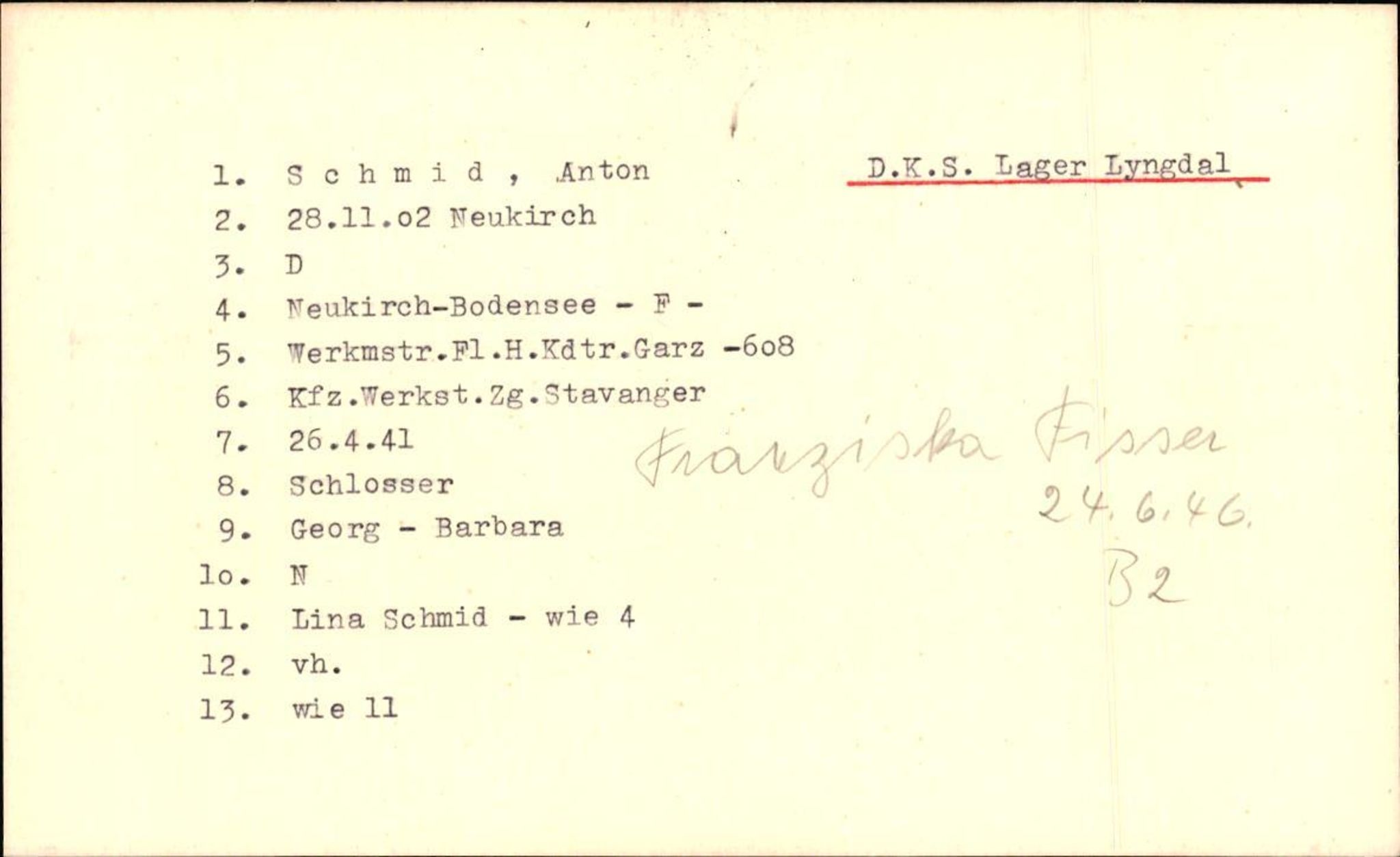 Hjemsendte tyskere , RA/RAFA-6487/D/Db/L0024: Schmidt-Schulz, 1945-1947, s. 1