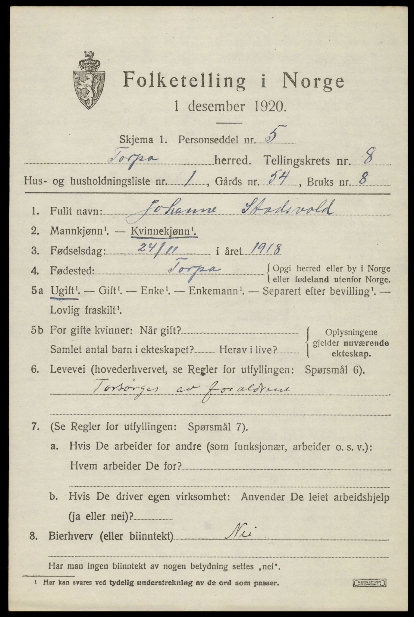 SAH, Folketelling 1920 for 0539 Torpa herred, 1920, s. 4629