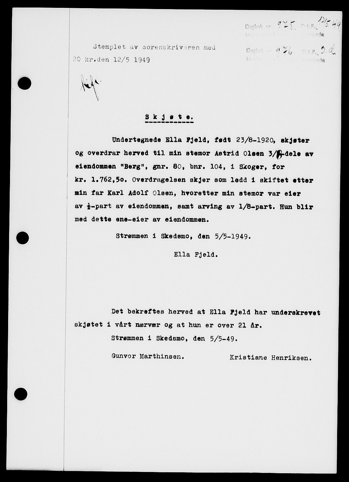 Holmestrand sorenskriveri, SAKO/A-67/G/Ga/Gaa/L0066: Pantebok nr. A-66, 1949-1949, Dagboknr: 975/1949