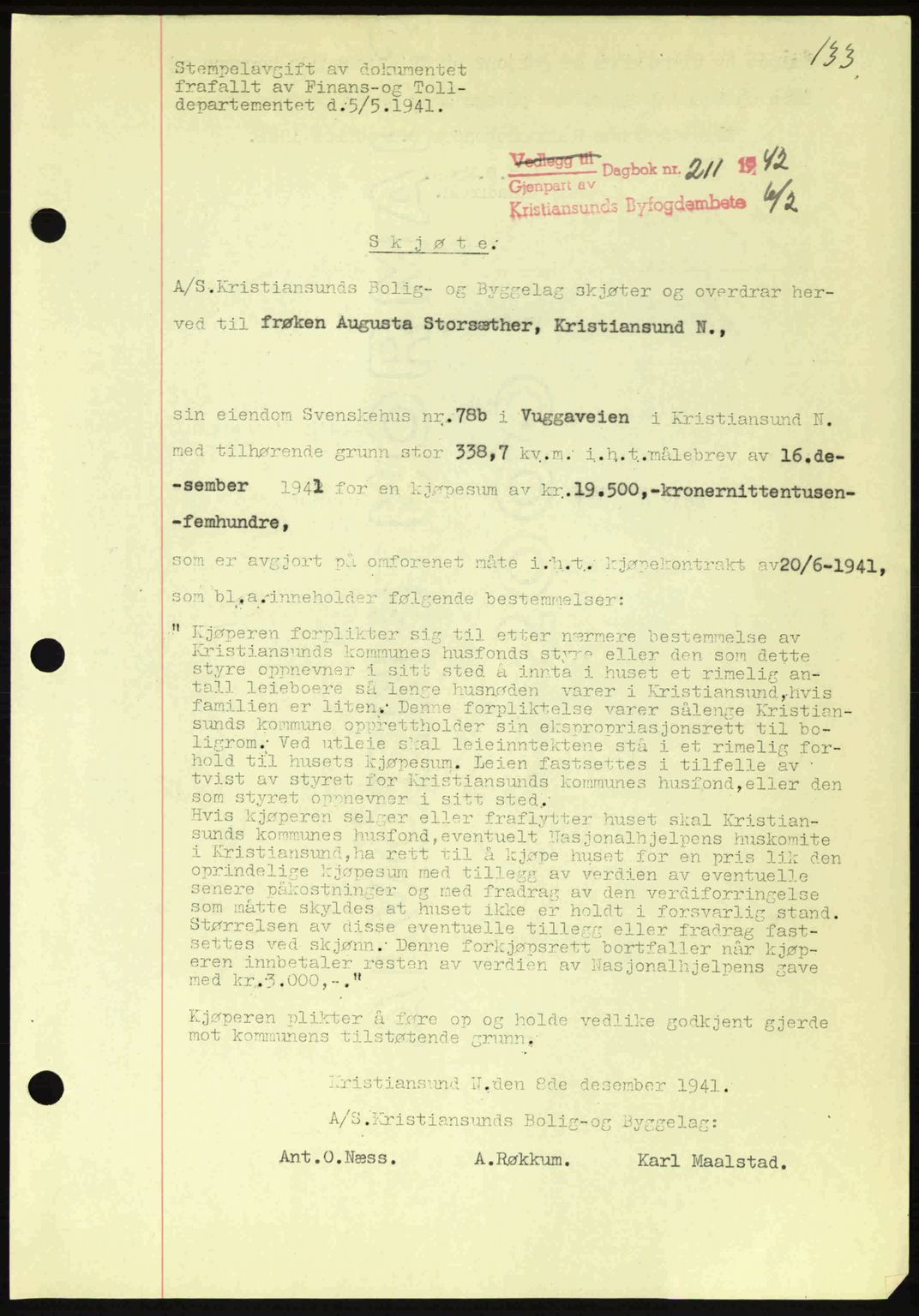 Kristiansund byfogd, AV/SAT-A-4587/A/27: Pantebok nr. 34, 1941-1945, Dagboknr: 211/1942