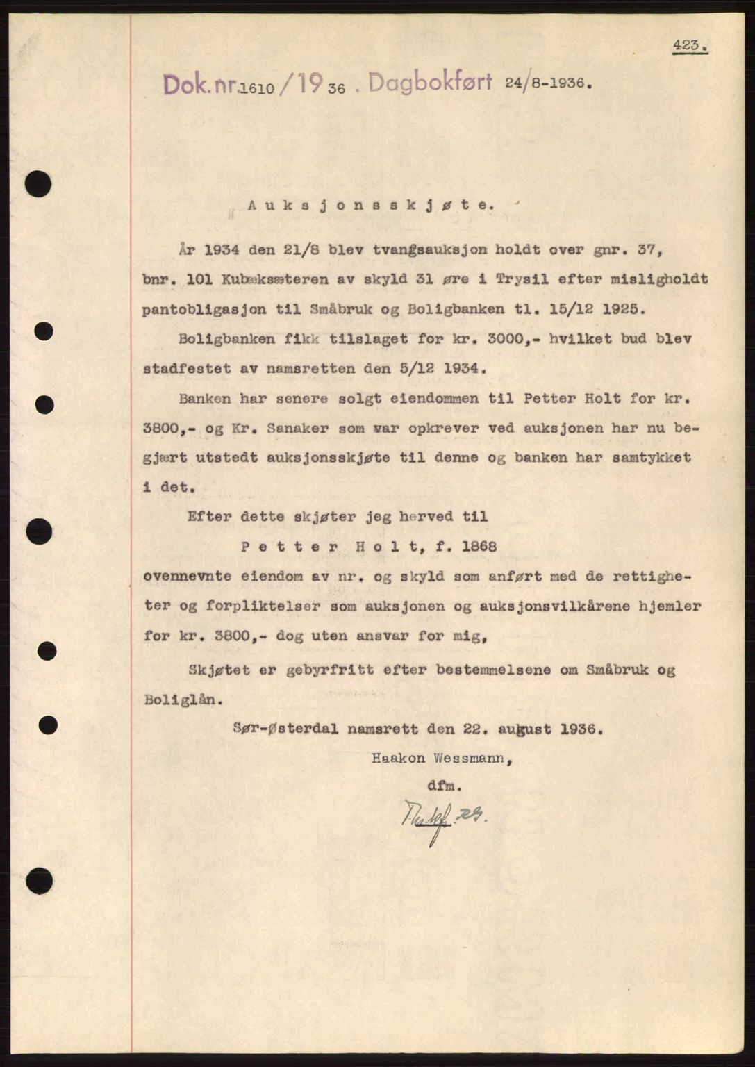 Sør-Østerdal sorenskriveri, SAH/TING-018/H/Hb/Hbb/L0054: Pantebok nr. A54, 1936-1936, Dagboknr: 1610/1936