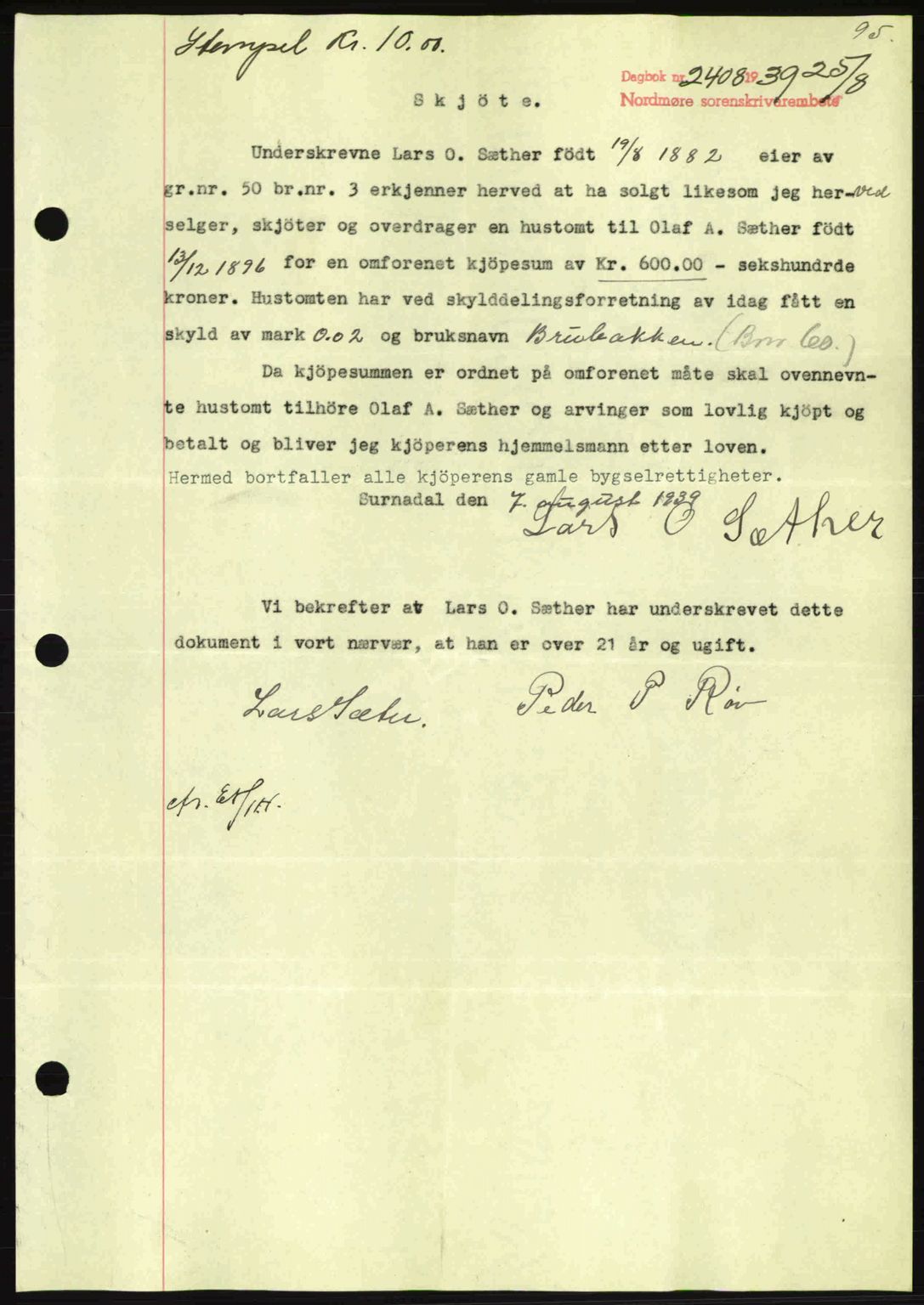Nordmøre sorenskriveri, SAT/A-4132/1/2/2Ca: Pantebok nr. A87, 1939-1940, Dagboknr: 2408/1939