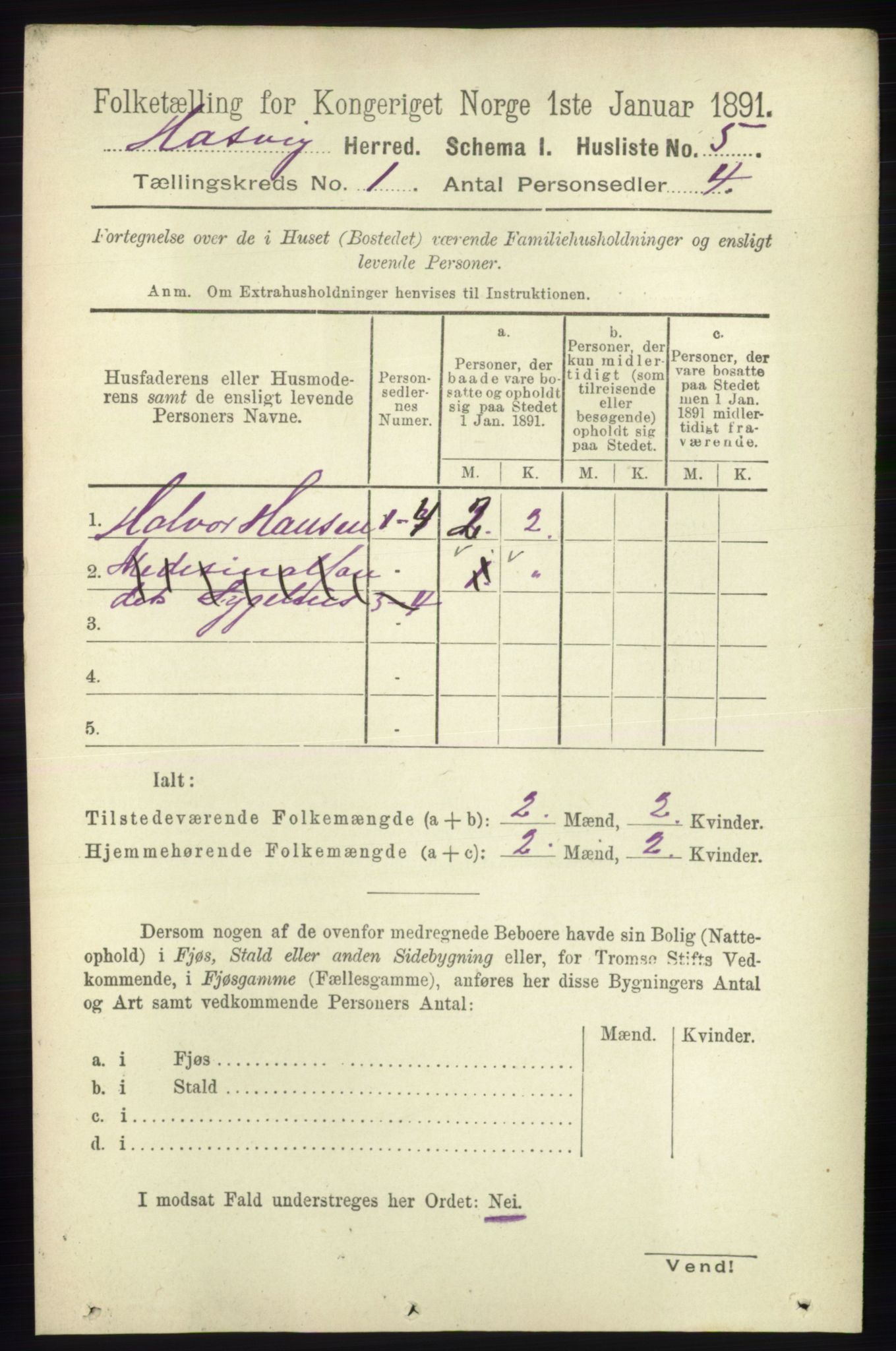 RA, Folketelling 1891 for 2015 Hasvik herred, 1891, s. 25