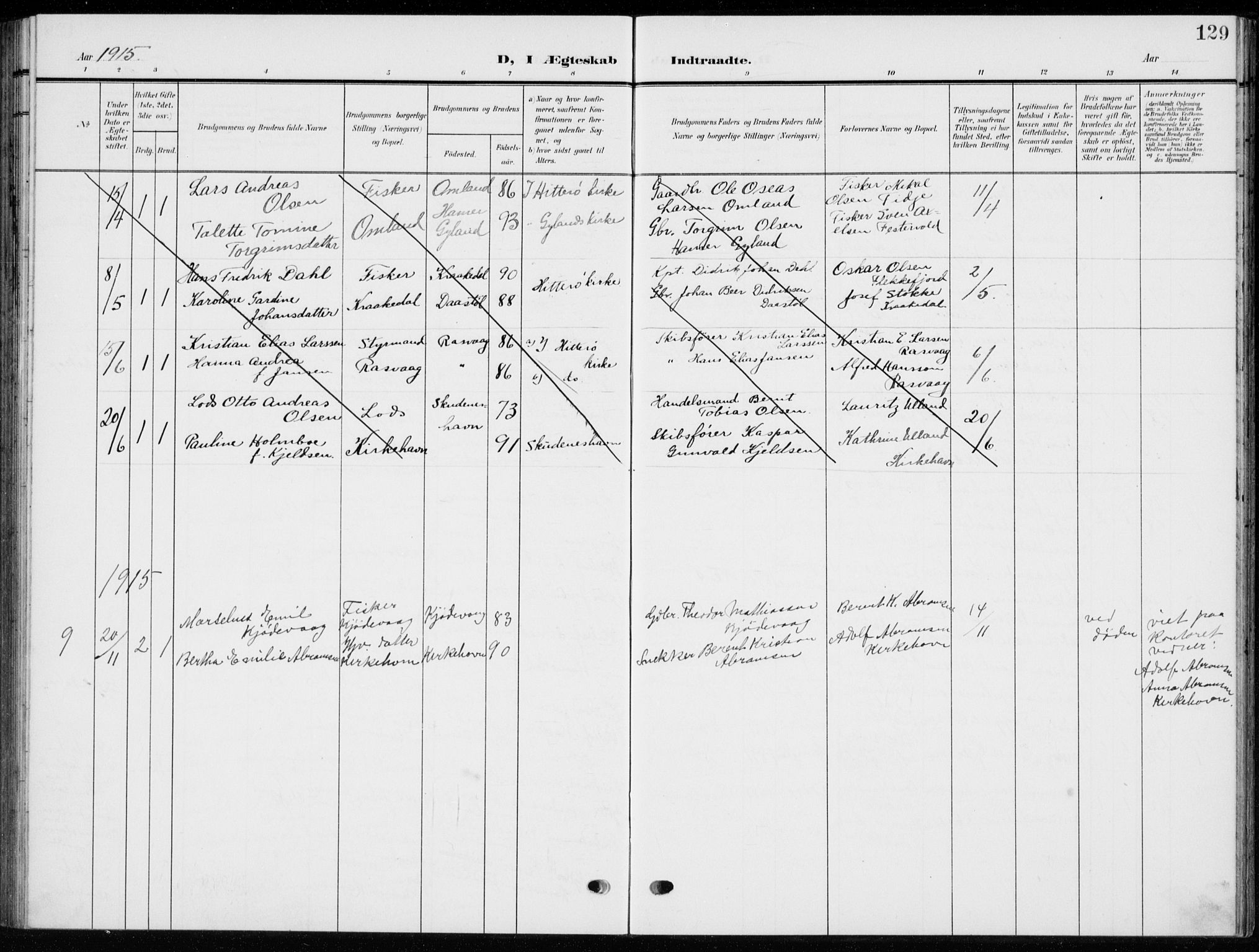 Flekkefjord sokneprestkontor, AV/SAK-1111-0012/F/Fb/Fbb/L0005: Klokkerbok nr. B 5, 1908-1927, s. 129