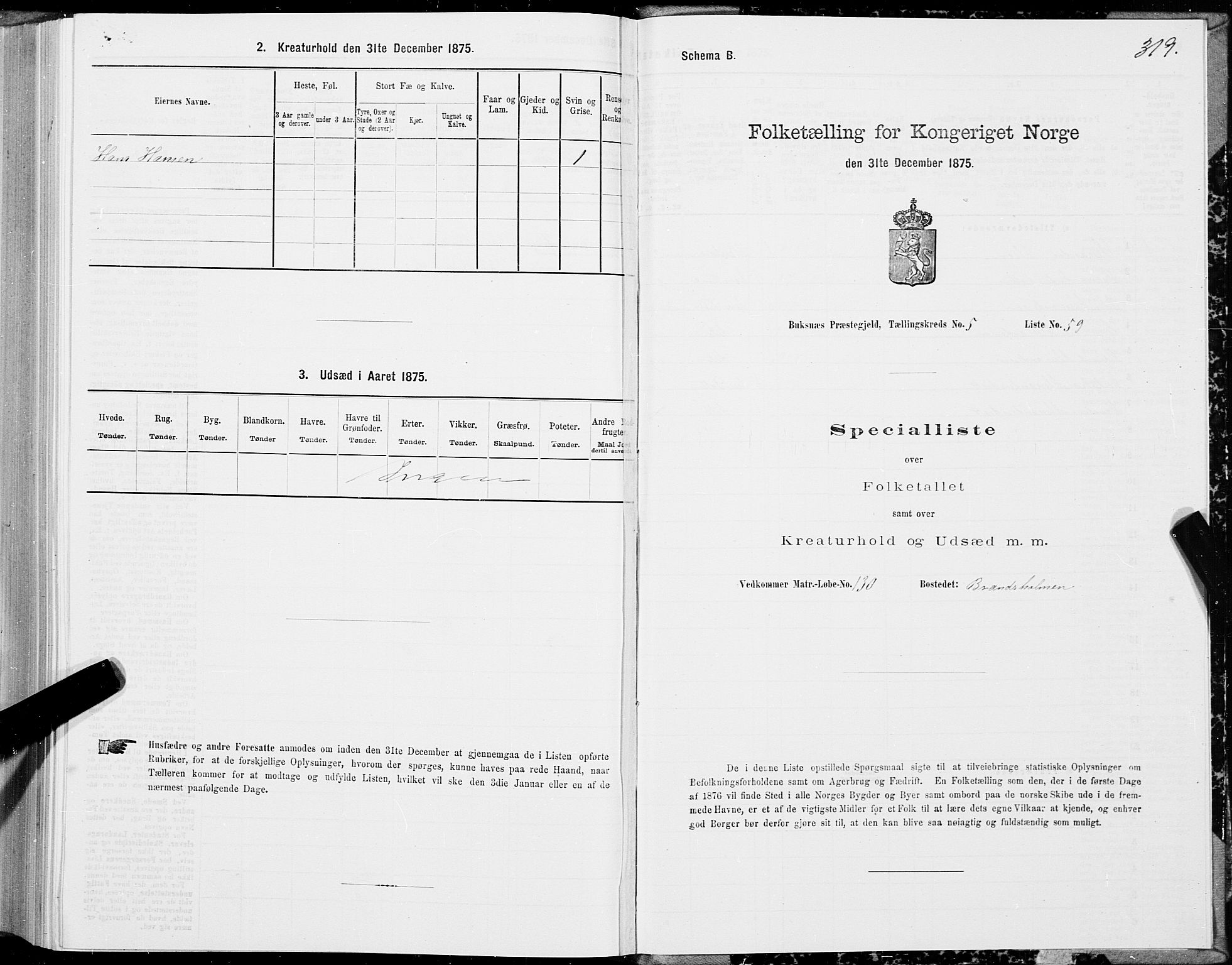 SAT, Folketelling 1875 for 1860P Buksnes prestegjeld, 1875, s. 2319