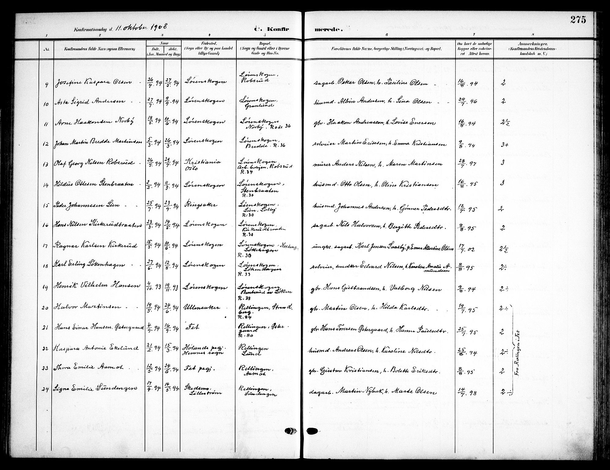 Skedsmo prestekontor Kirkebøker, AV/SAO-A-10033a/F/Fa/L0015: Ministerialbok nr. I 15, 1902-1917, s. 275