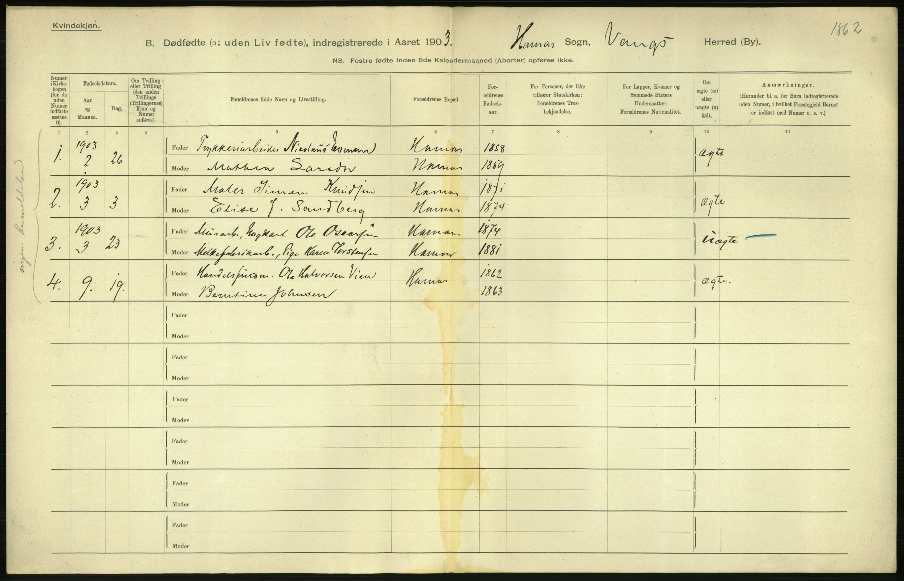 Statistisk sentralbyrå, Sosiodemografiske emner, Befolkning, RA/S-2228/D/Df/Dfa/Dfaa/L0026: Smålenenes - Finnmarkens amt: Dødfødte. Byer., 1903, s. 102