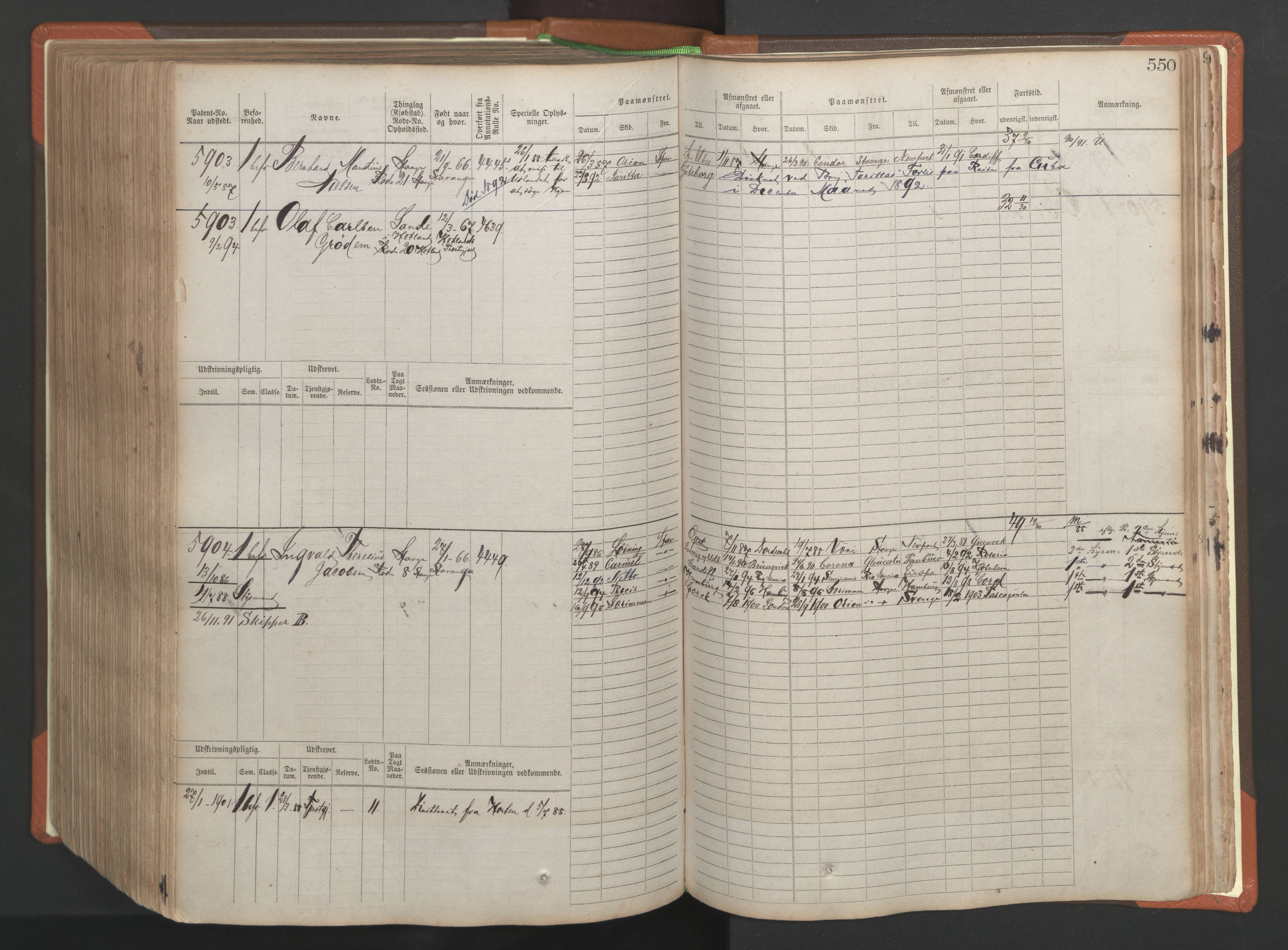 Stavanger sjømannskontor, AV/SAST-A-102006/F/Fb/Fbb/L0009: Sjøfartshovedrulle, patentnr. 4805-6006, 1879-1887, s. 556