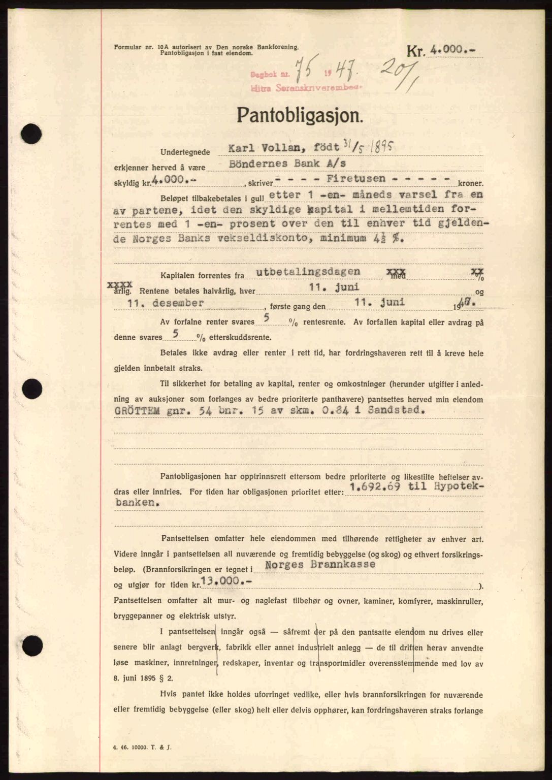 Hitra sorenskriveri, AV/SAT-A-0018/2/2C/2Ca: Pantebok nr. B1, 1939-1949, Dagboknr: 75/1947