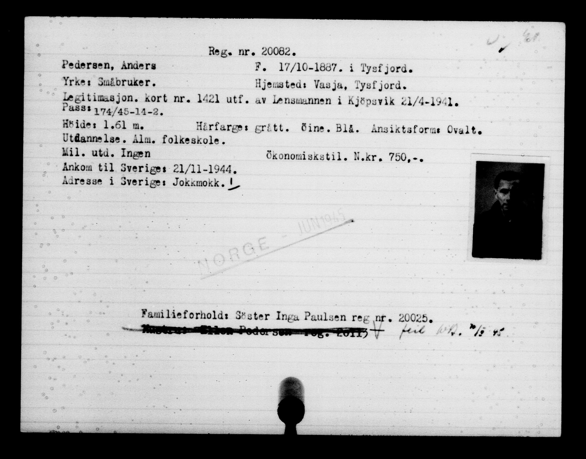Utenriksstasjonene, Legasjonen i Stockholm, Flyktningkontoret, AV/RA-S-6753/V/Va/L0009: Kjesäterkartoteket, flyktninger med registreringsnr. 18502-22048, 1940-1945, s. 1748