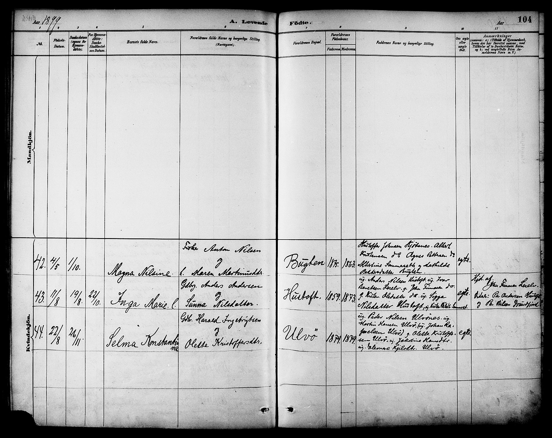 Ministerialprotokoller, klokkerbøker og fødselsregistre - Nordland, AV/SAT-A-1459/861/L0869: Ministerialbok nr. 861A04, 1889-1903, s. 104