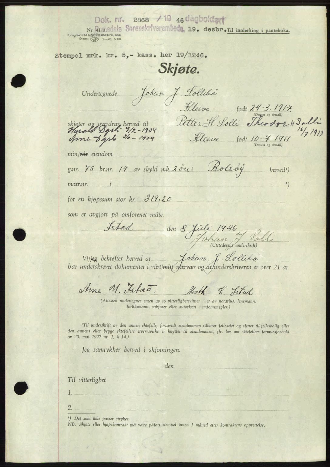 Romsdal sorenskriveri, AV/SAT-A-4149/1/2/2C: Pantebok nr. A21, 1946-1946, Dagboknr: 2868/1946