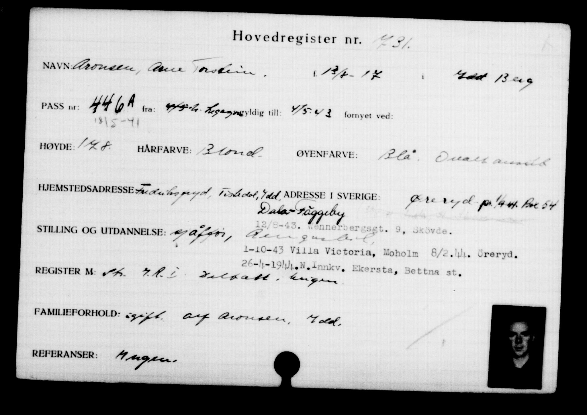 Utenriksstasjonene, Legasjonen i Stockholm, Flyktningkontoret, AV/RA-S-6753/V/Va/L0001: Kjesäterkartoteket, flyktninger med registreringsnr. 1-1000, 1940-1945, s. 1147