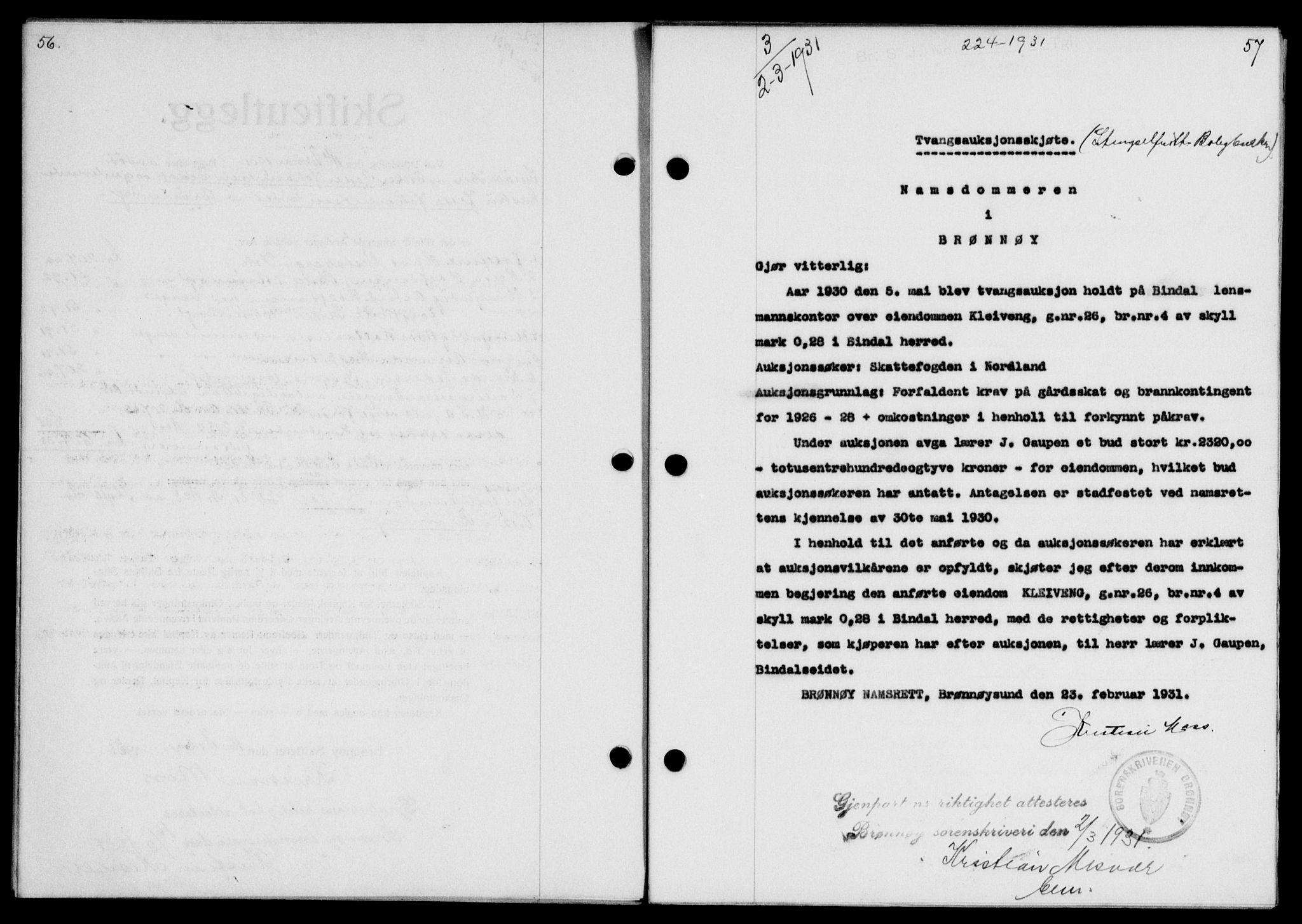 Brønnøy sorenskriveri, SAT/A-4170/1/2/2C/L0009: Pantebok nr. 9, 1931-1932, s. 56-57, Tingl.dato: 02.03.1931