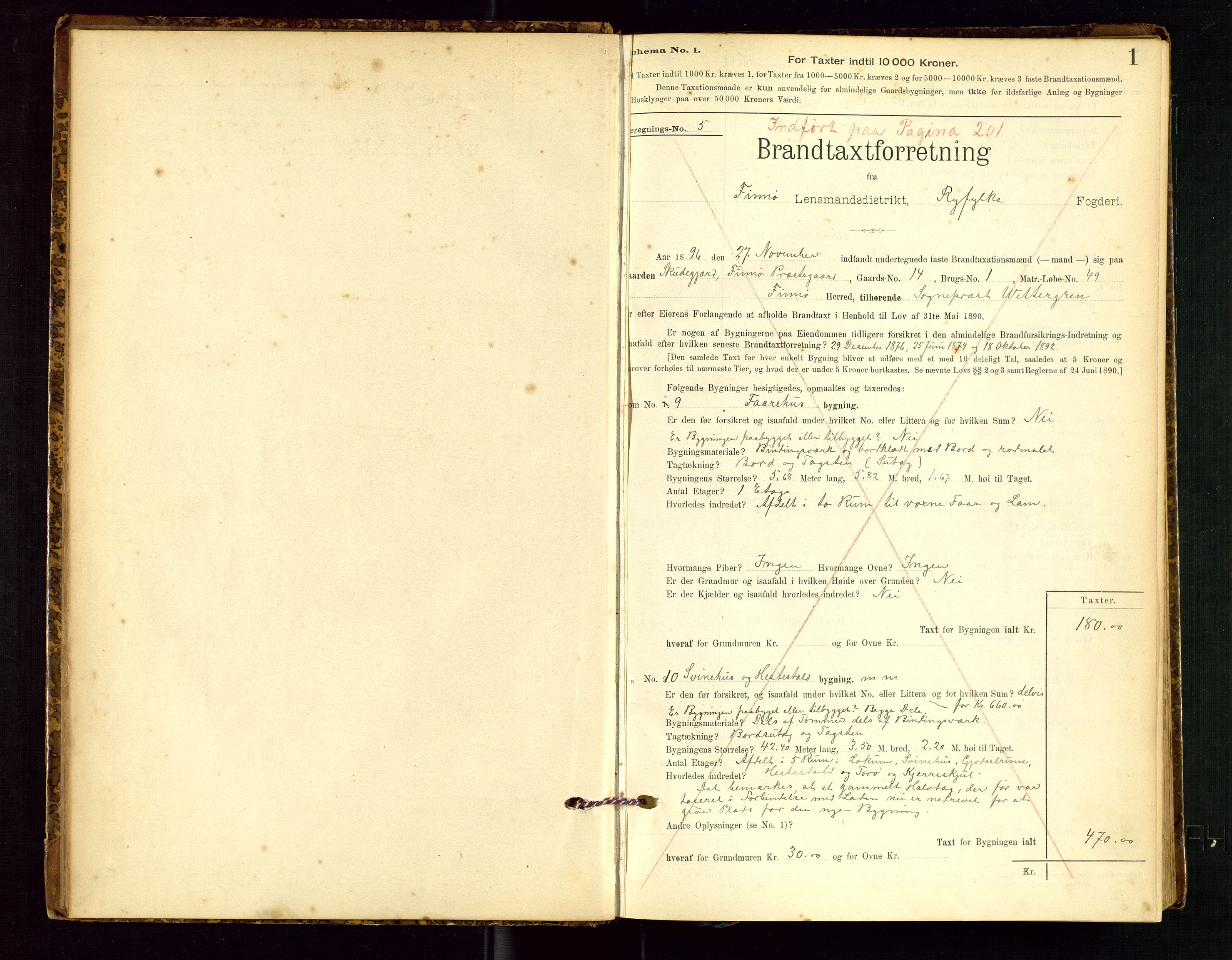 Finnøy lensmannskontor, SAST/A-100442/Goa/L0003: Branntakstprotokoll - skjemaprotokoll, 1896-1954, s. 1