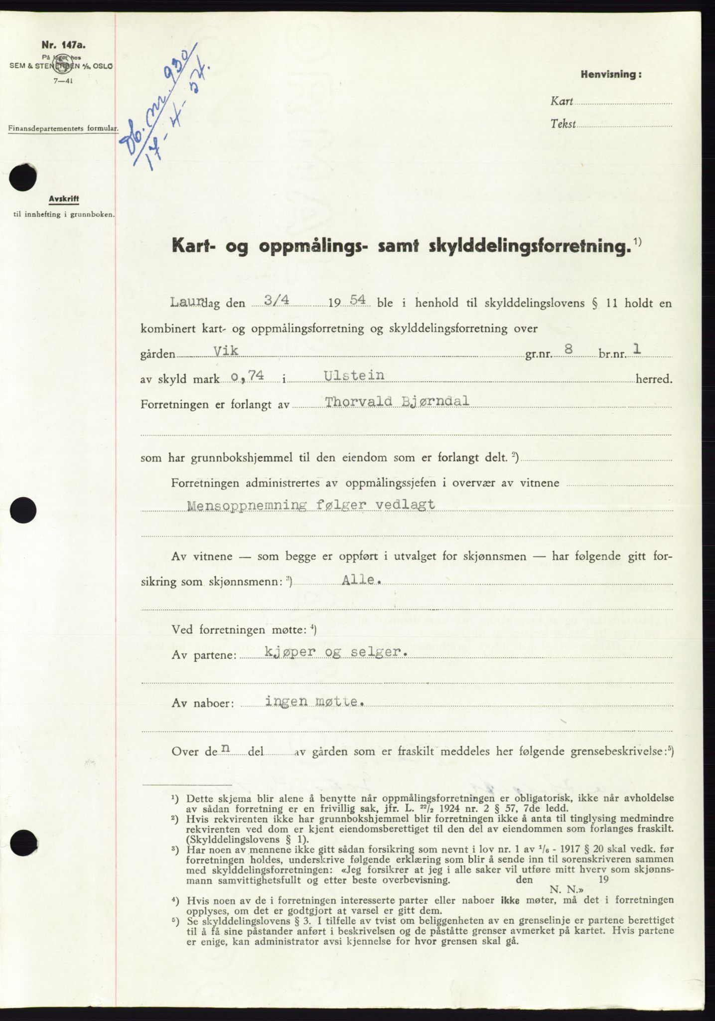 Søre Sunnmøre sorenskriveri, SAT/A-4122/1/2/2C/L0097: Pantebok nr. 23A, 1954-1954, Dagboknr: 930/1954