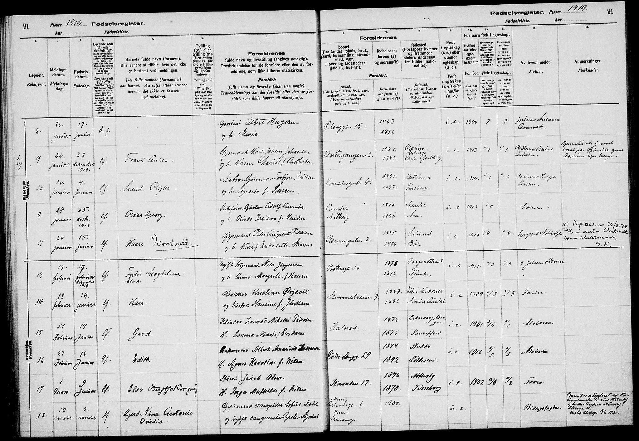 Tønsberg kirkebøker, AV/SAKO-A-330/J/Ja/L0001: Fødselsregister nr. 1, 1916-1922, s. 91