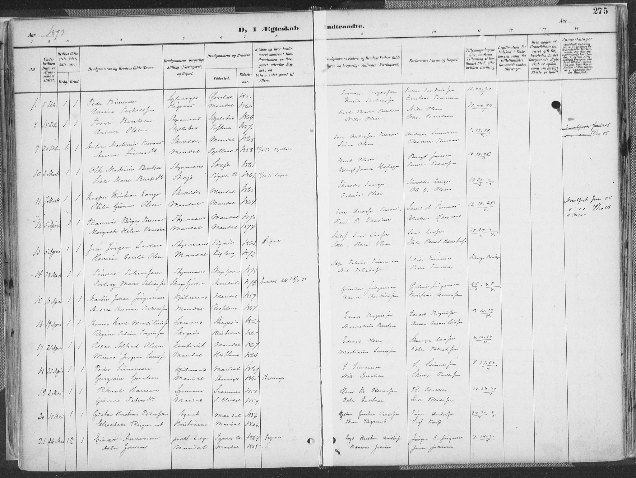 Mandal sokneprestkontor, SAK/1111-0030/F/Fa/Faa/L0018: Ministerialbok nr. A 18, 1890-1905, s. 275