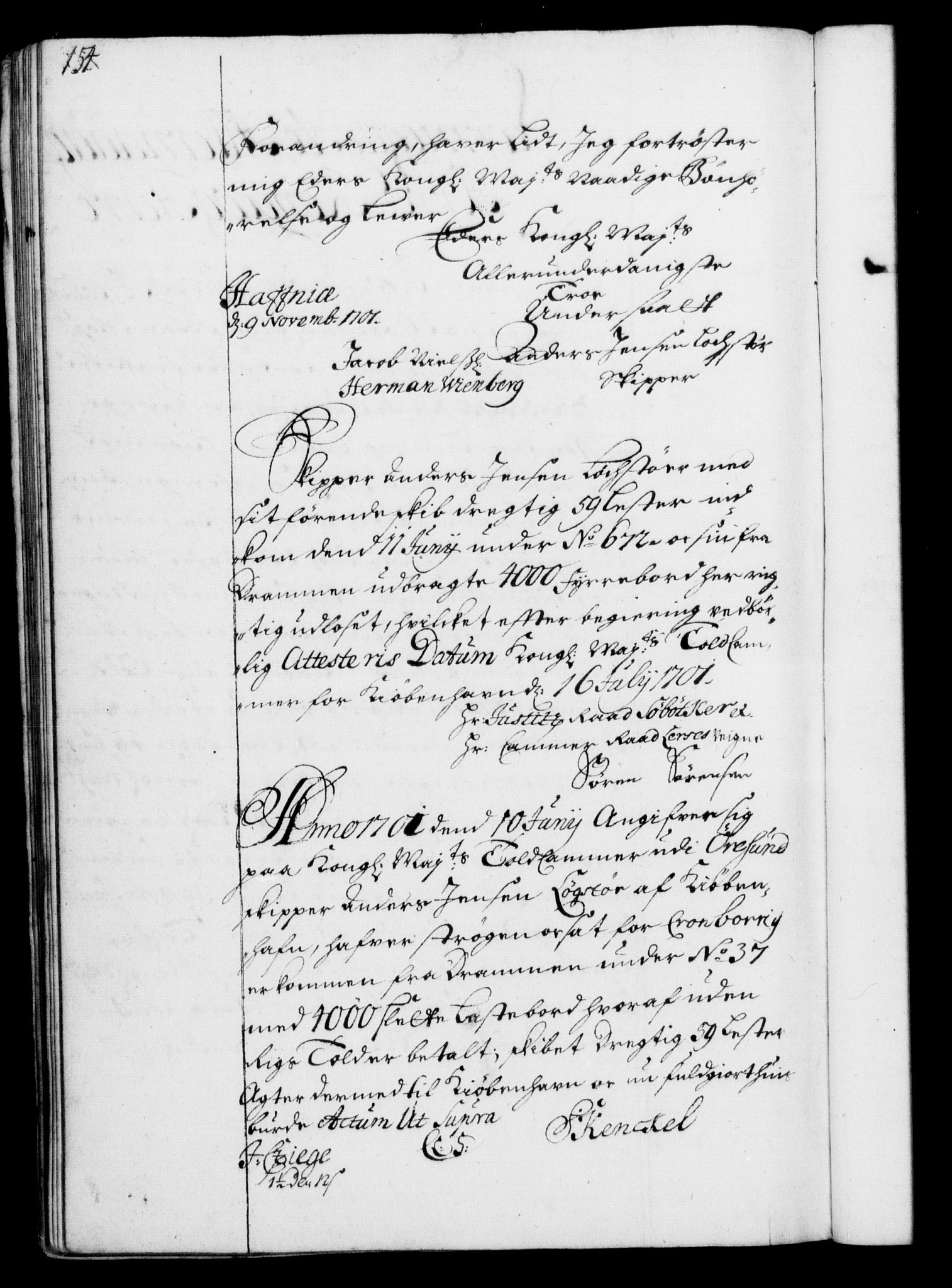 Rentekammeret, Kammerkanselliet, RA/EA-3111/G/Gf/Gfa/L0001: Resolusjonsprotokoll med register (merket RK 52.1), 1695-1706, s. 154