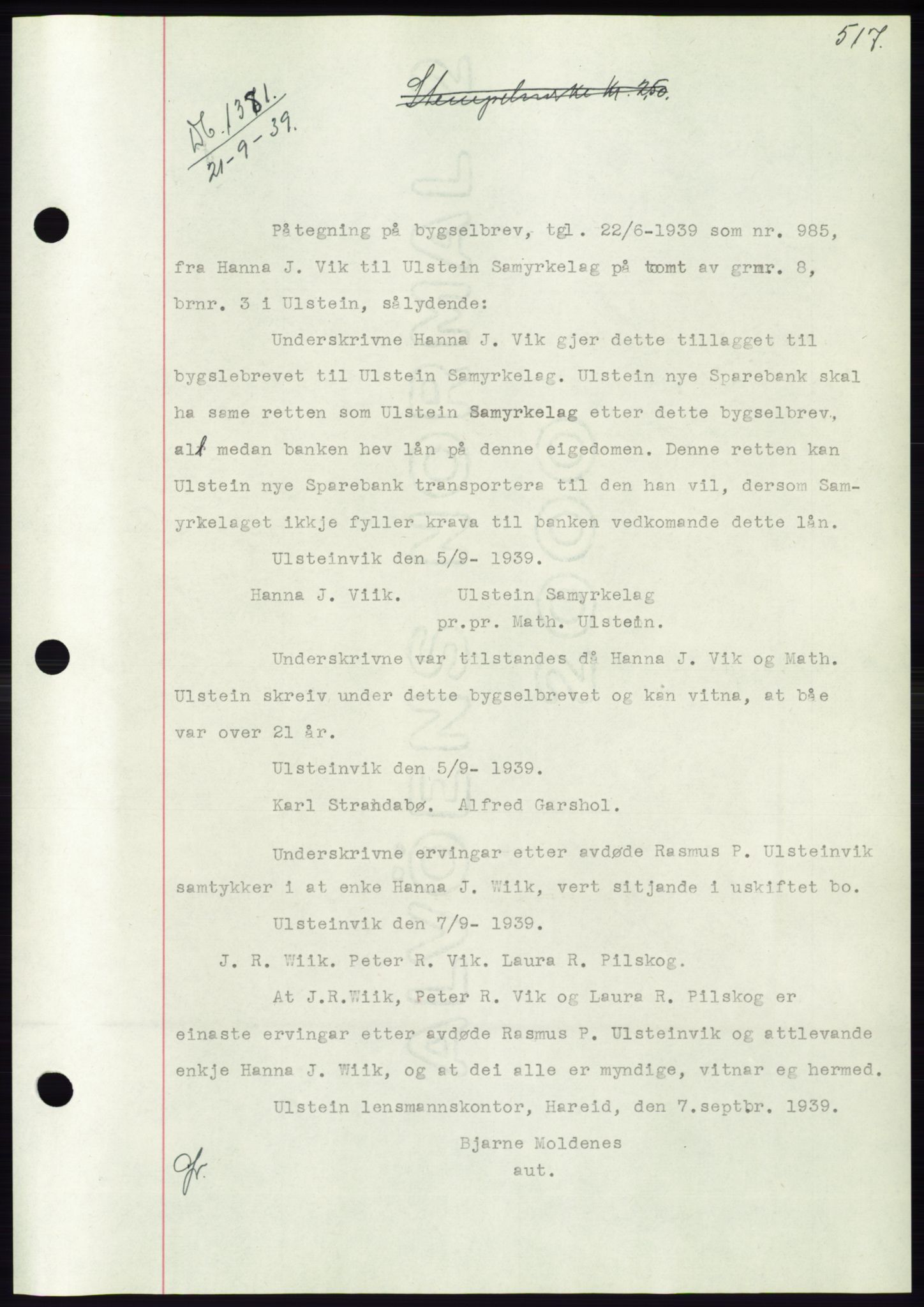 Søre Sunnmøre sorenskriveri, AV/SAT-A-4122/1/2/2C/L0068: Pantebok nr. 62, 1939-1939, Dagboknr: 1381/1939