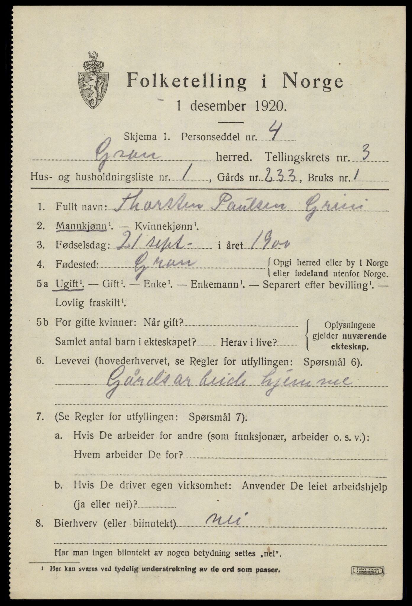 SAH, Folketelling 1920 for 0534 Gran herred, 1920, s. 5148