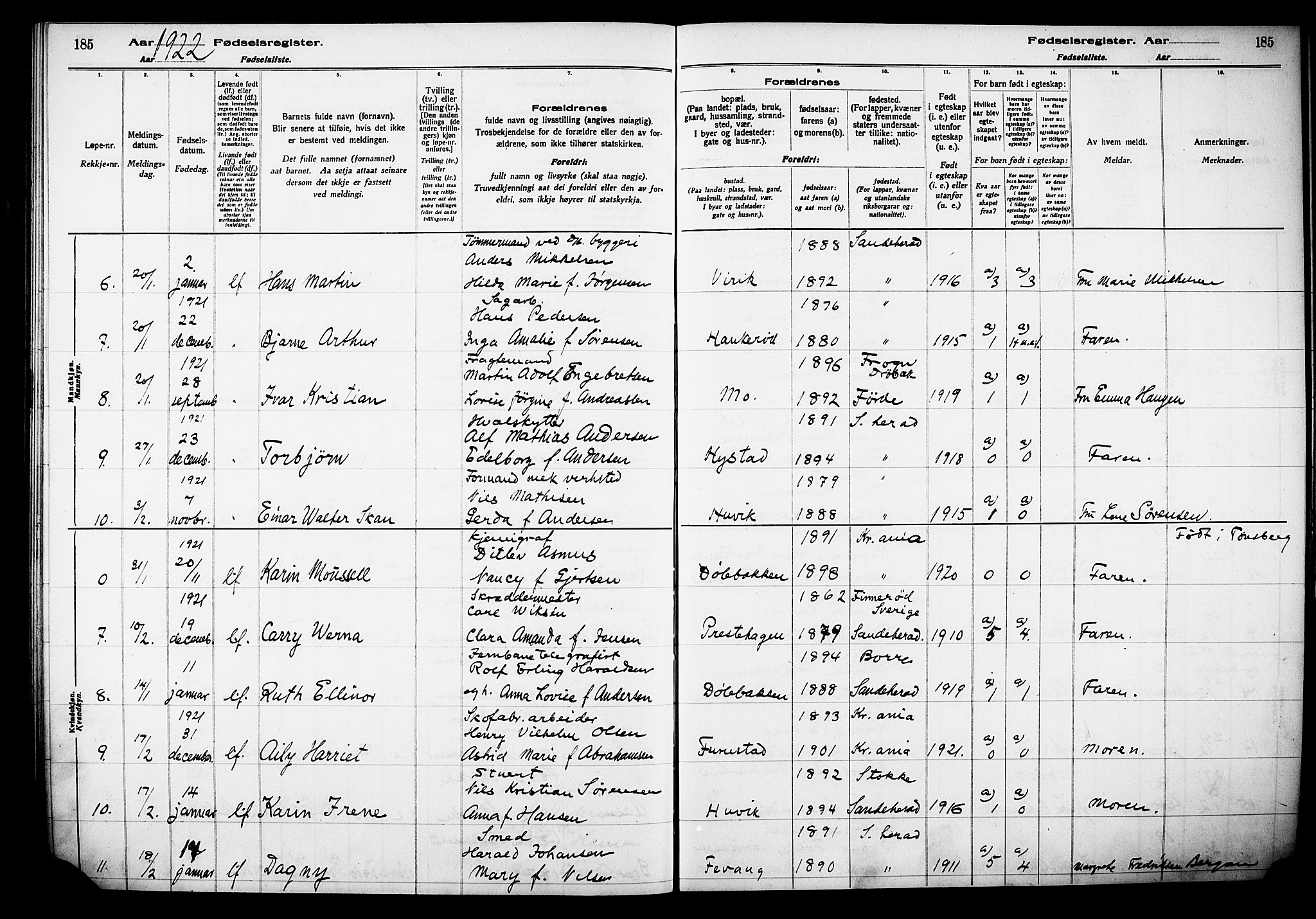 Sandar kirkebøker, AV/SAKO-A-243/J/Ja/L0001: Fødselsregister nr. 1, 1916-1922, s. 185