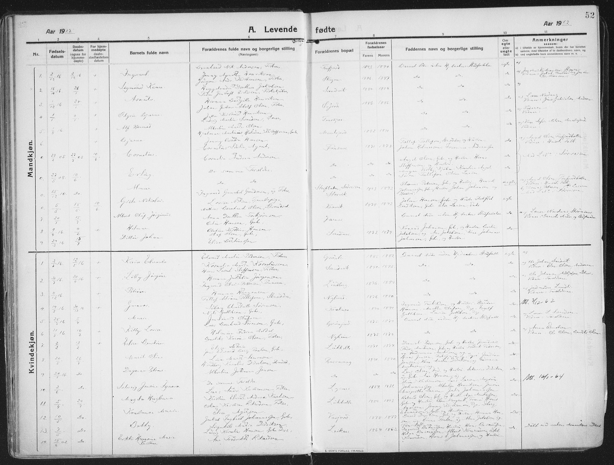 Lenvik sokneprestembete, SATØ/S-1310/H/Ha/Haa/L0016kirke: Ministerialbok nr. 16, 1910-1924, s. 52