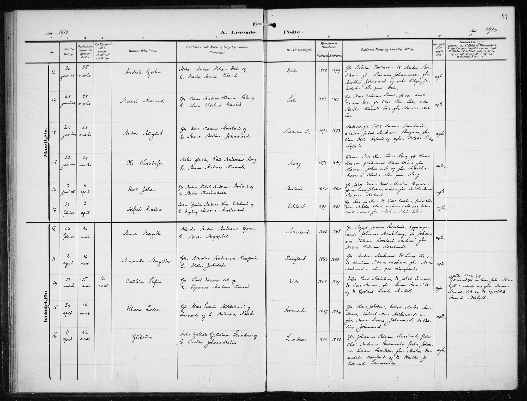 Herdla Sokneprestembete, AV/SAB-A-75701/H/Haa: Ministerialbok nr. A 5, 1905-1918, s. 47