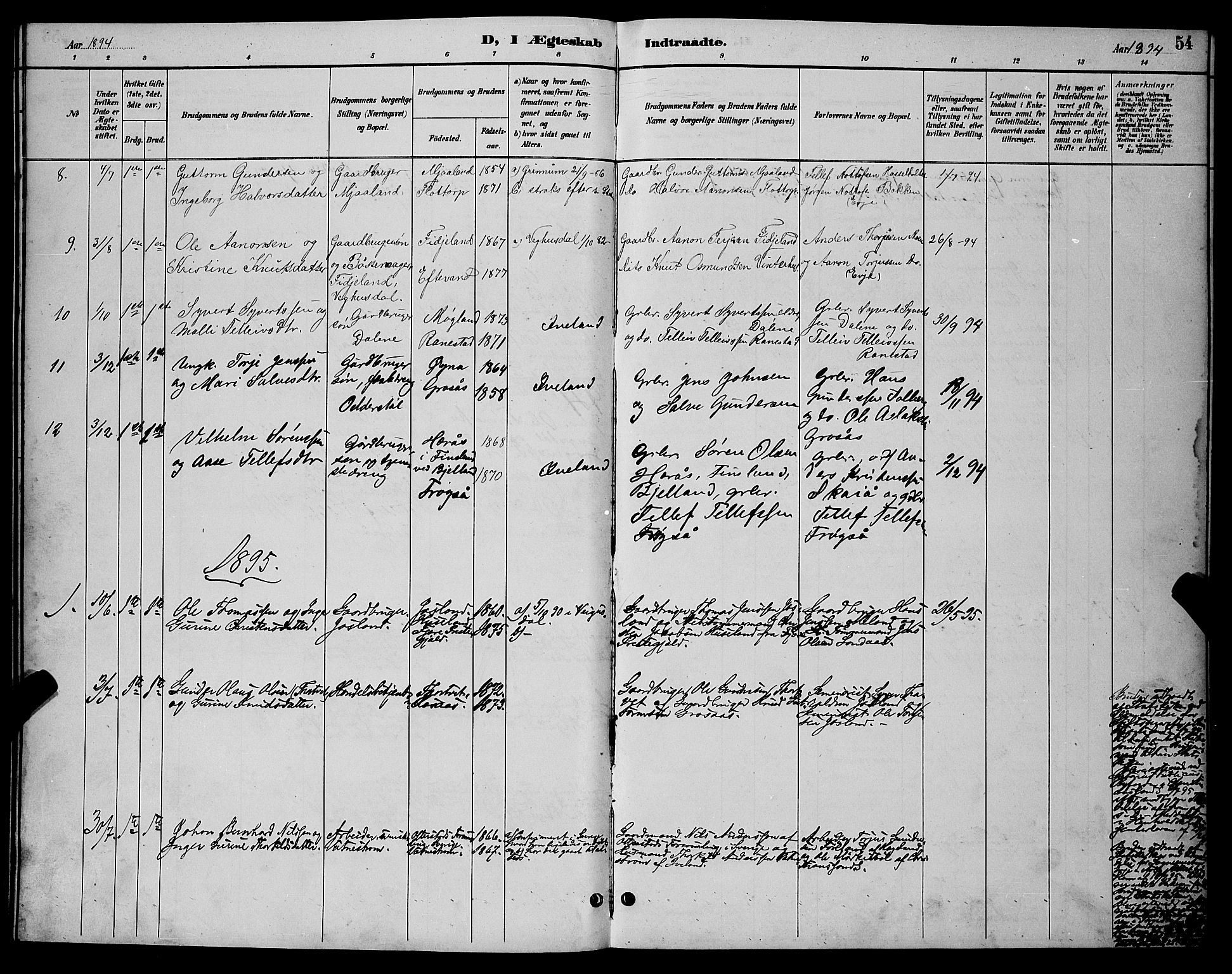 Evje sokneprestkontor, AV/SAK-1111-0008/F/Fb/Fbc/L0004: Klokkerbok nr. B 4, 1890-1900, s. 54
