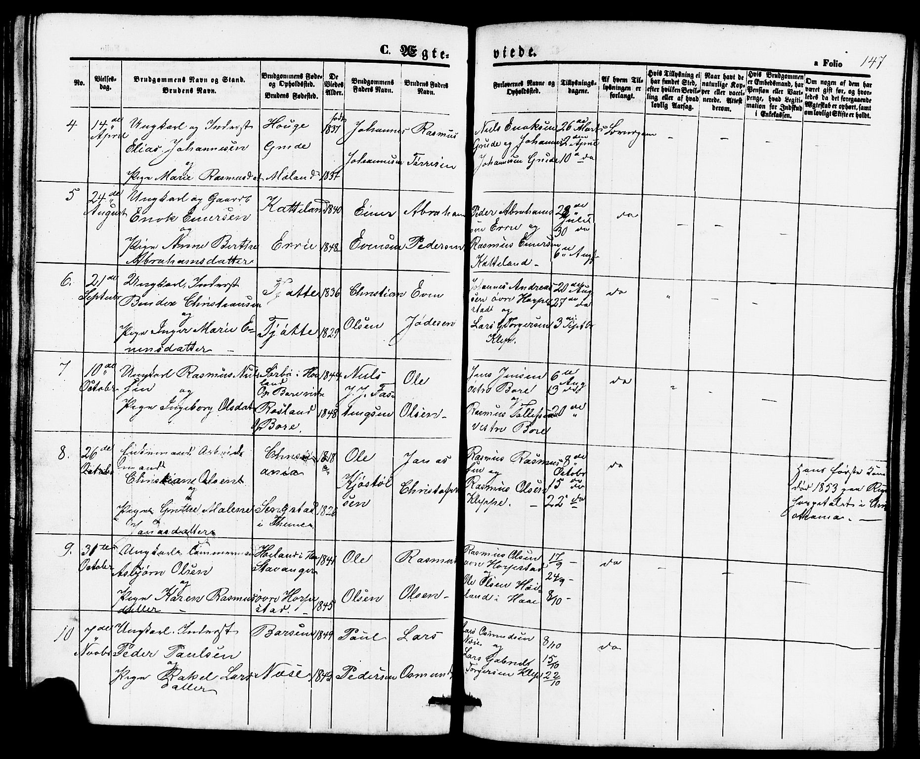 Klepp sokneprestkontor, AV/SAST-A-101803/001/3/30BB/L0002: Klokkerbok nr. B 2, 1860-1875, s. 147