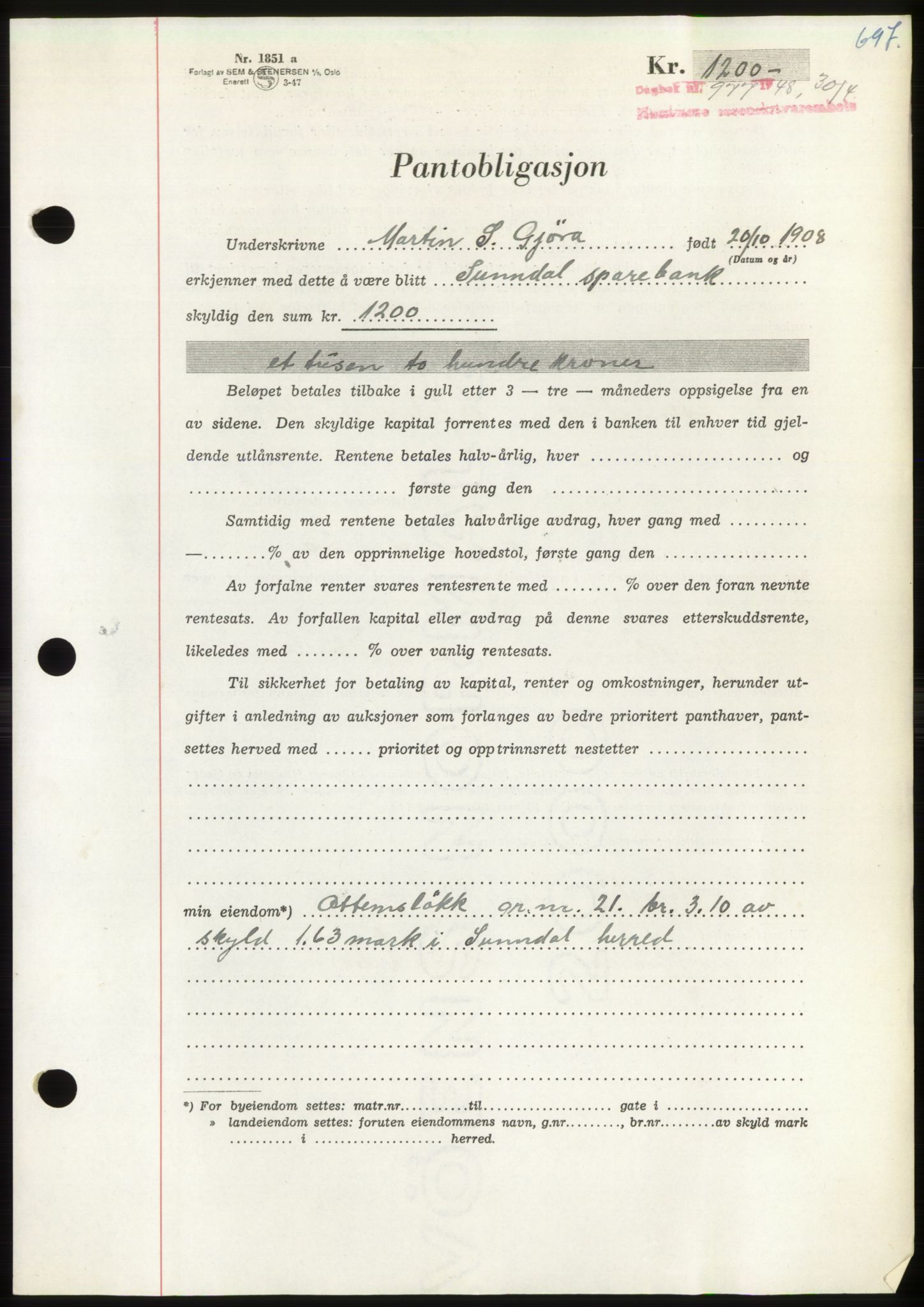 Nordmøre sorenskriveri, SAT/A-4132/1/2/2Ca: Pantebok nr. B98, 1948-1948, Dagboknr: 977/1948