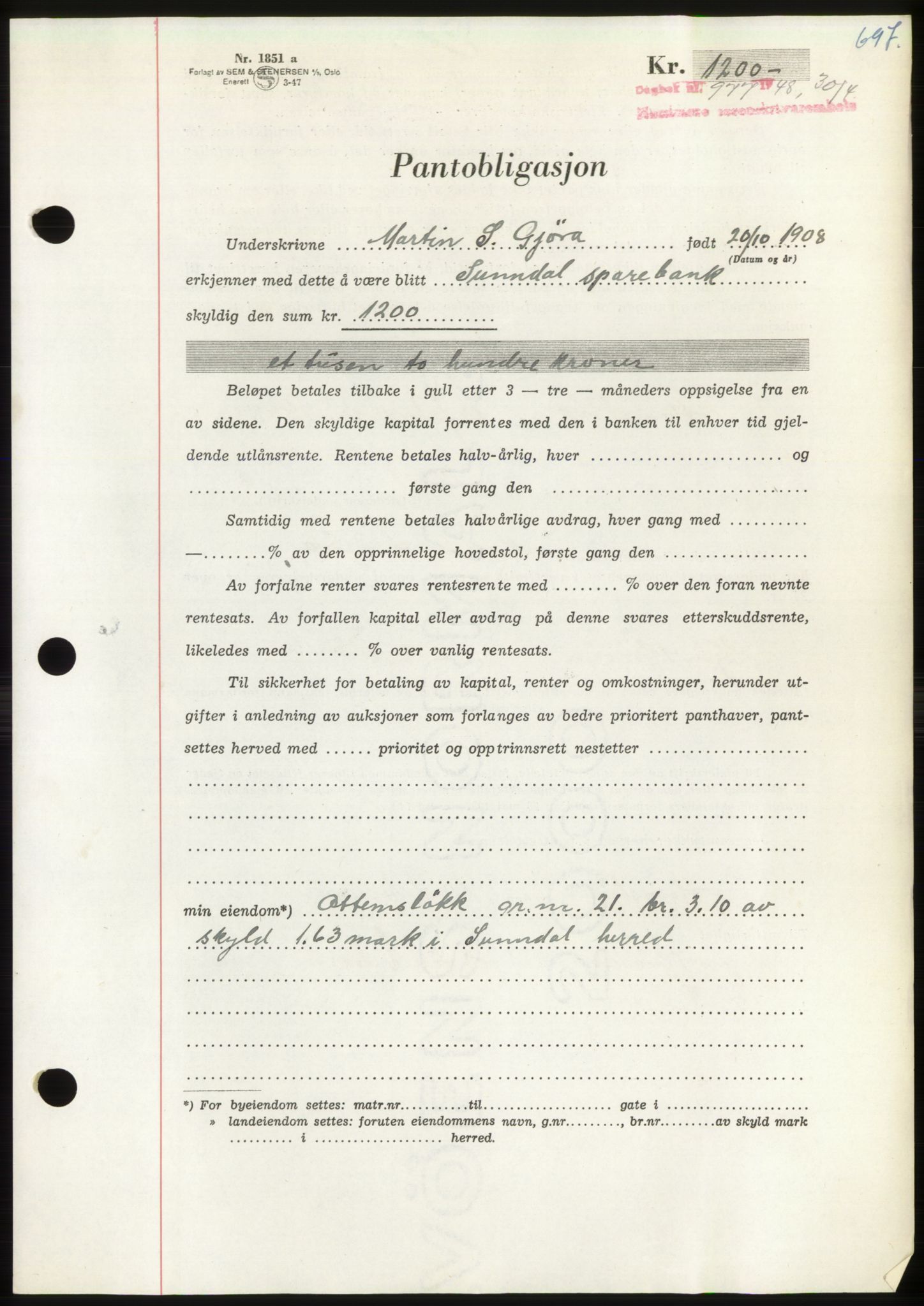 Nordmøre sorenskriveri, AV/SAT-A-4132/1/2/2Ca: Pantebok nr. B98, 1948-1948, Dagboknr: 977/1948