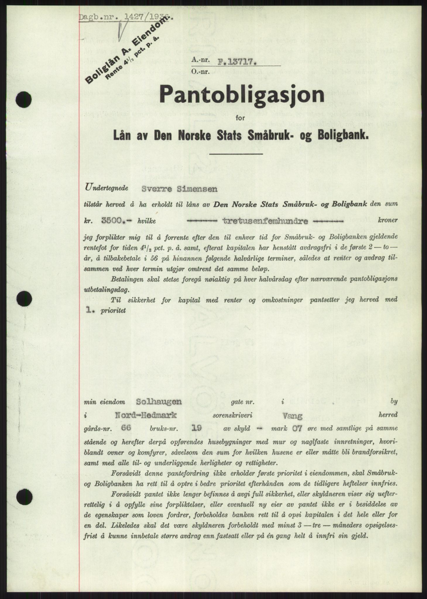 Nord-Hedmark sorenskriveri, SAH/TING-012/H/Hb/Hbf/L0001: Pantebok nr. B1, 1936-1936, Dagboknr: 1427/1936