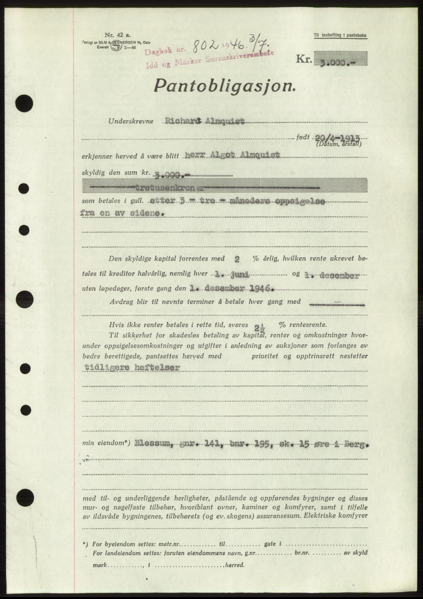 Idd og Marker sorenskriveri, SAO/A-10283/G/Gb/Gbc/L0003: Pantebok nr. B4-9b, 1946-1946, Tingl.dato: 03.07.1946