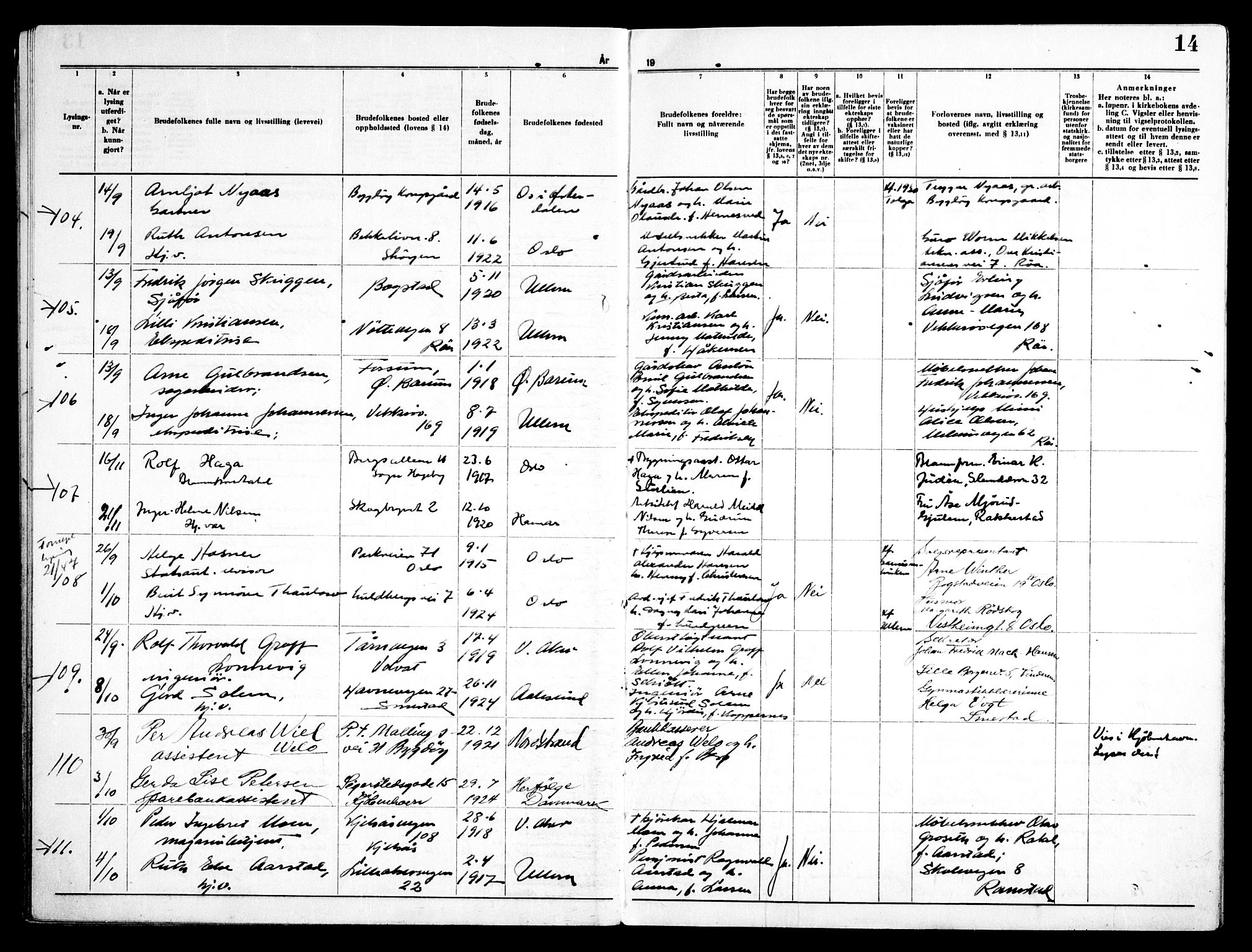 Ullern prestekontor Kirkebøker, AV/SAO-A-10740/H/L0005: Lysningsprotokoll nr. 5, 1946-1951, s. 14