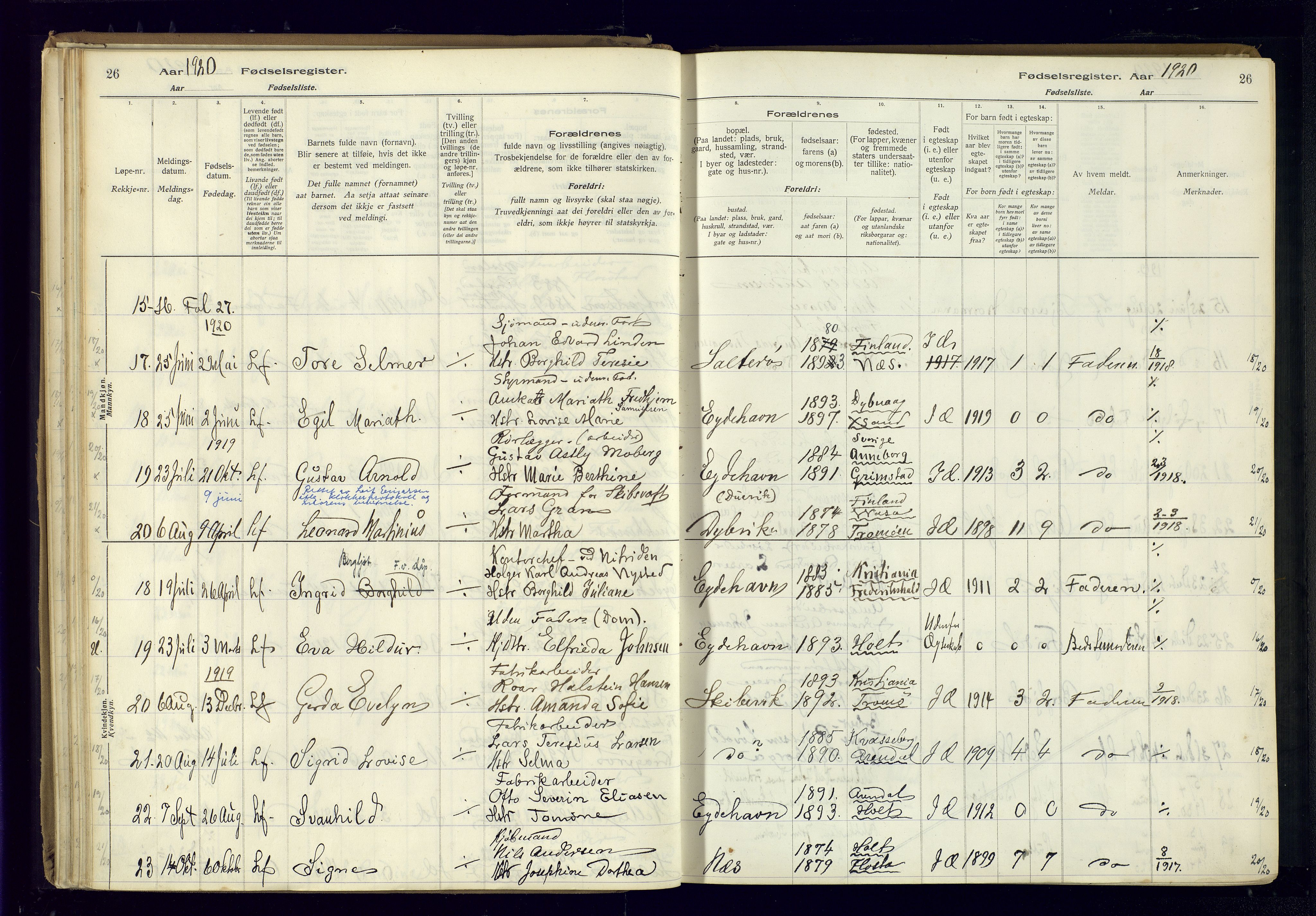 Austre Moland sokneprestkontor, SAK/1111-0001/J/Ja/L0003: Fødselsregister nr. A-VI-27, 1916-1950, s. 26