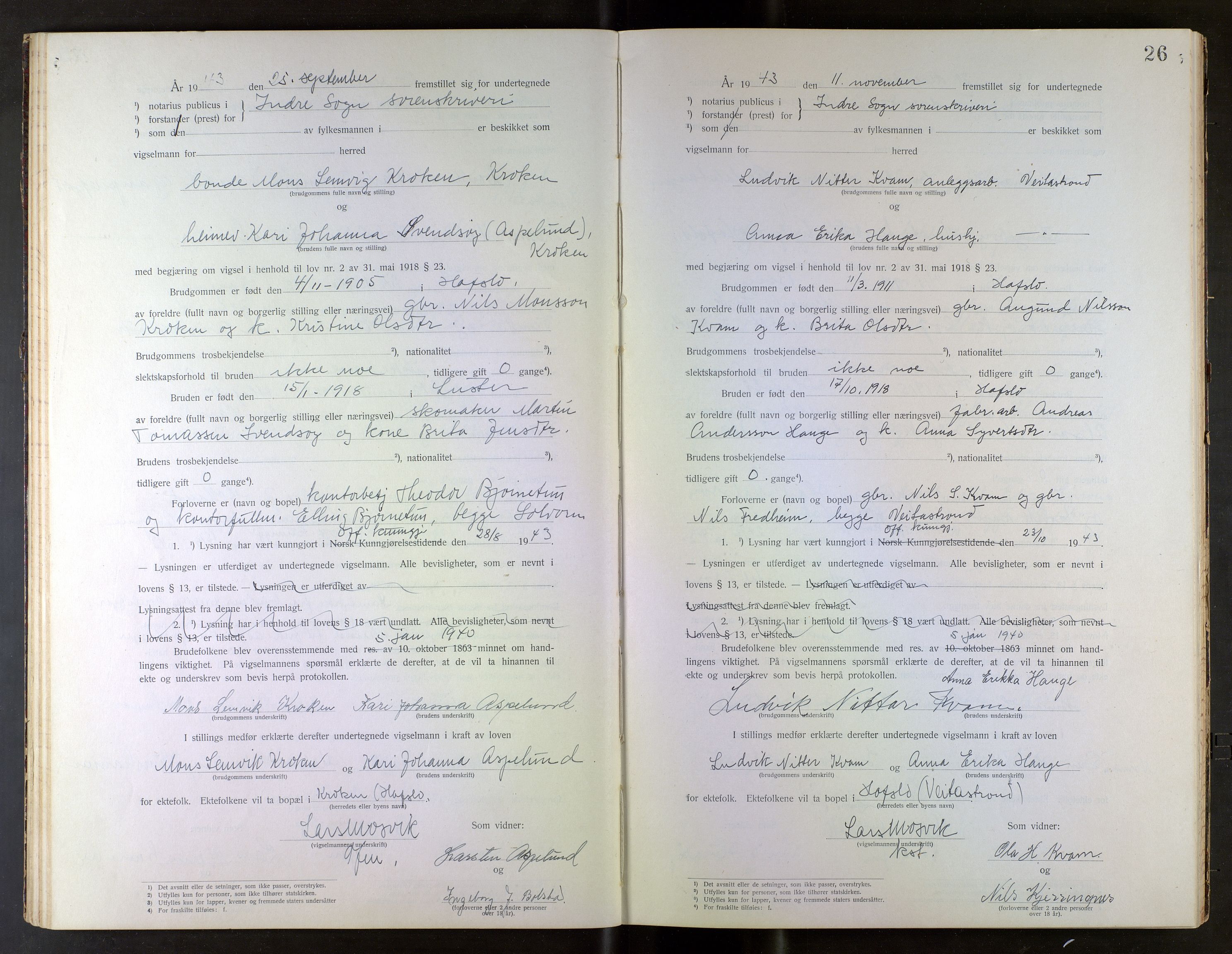 Indre Sogn tingrett, AV/SAB-A-3301/1/L/La/Laa/L0001: Vigselsbok Indre Sogn, 1938-1967, s. 26