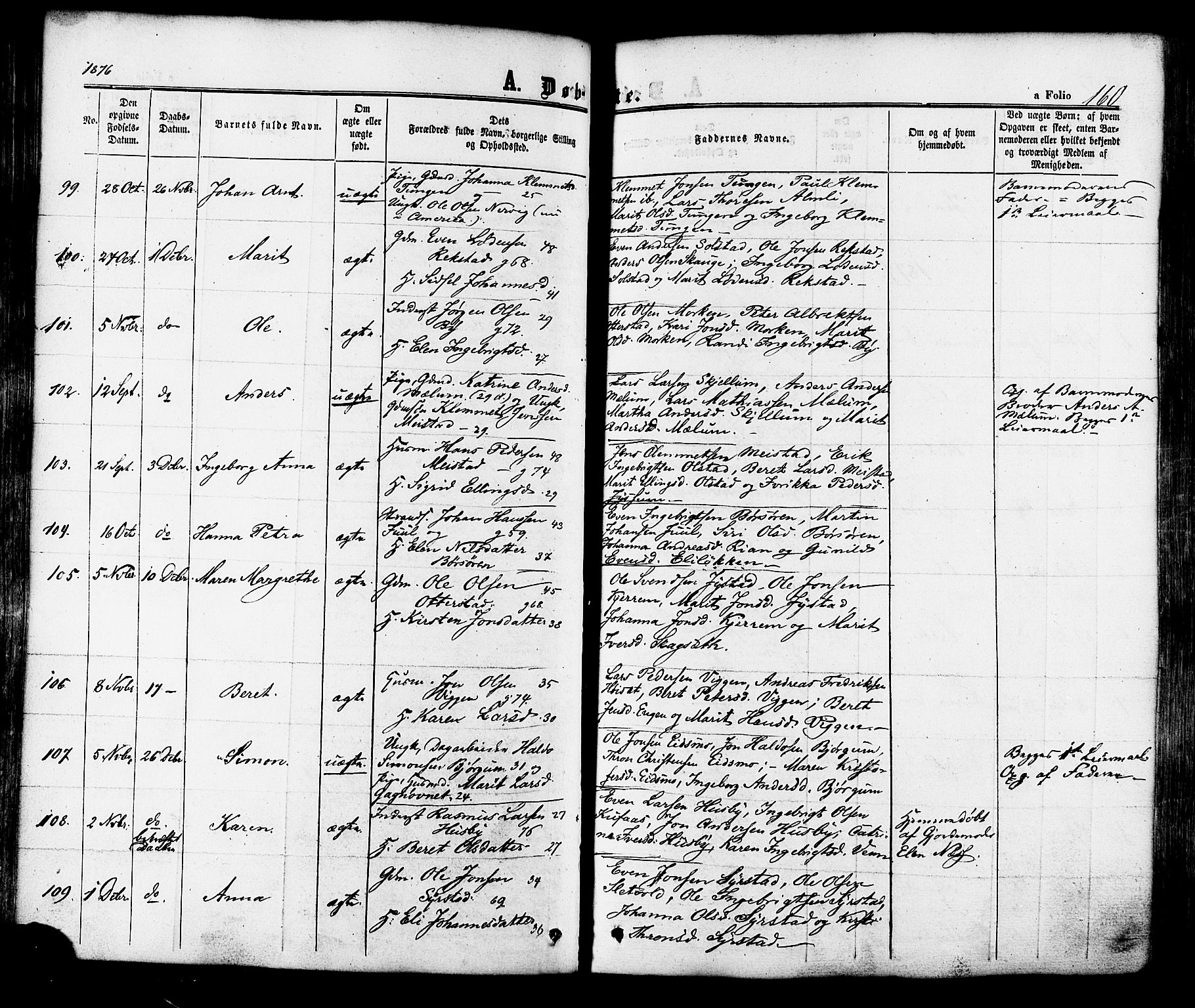 Ministerialprotokoller, klokkerbøker og fødselsregistre - Sør-Trøndelag, SAT/A-1456/665/L0772: Ministerialbok nr. 665A07, 1856-1878, s. 160