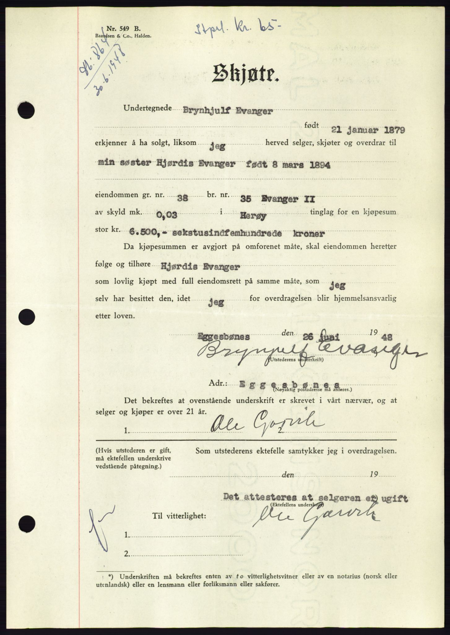 Søre Sunnmøre sorenskriveri, AV/SAT-A-4122/1/2/2C/L0082: Pantebok nr. 8A, 1948-1948, Dagboknr: 864/1948