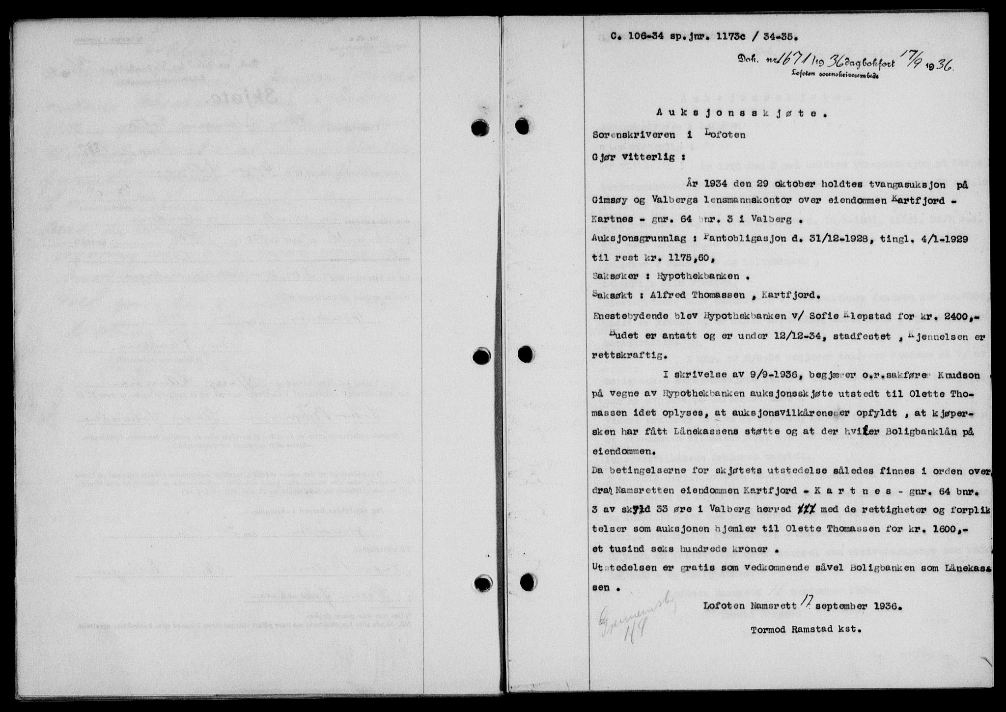 Lofoten sorenskriveri, SAT/A-0017/1/2/2C/L0001a: Pantebok nr. 1a, 1936-1937, Dagboknr: 1671/1936