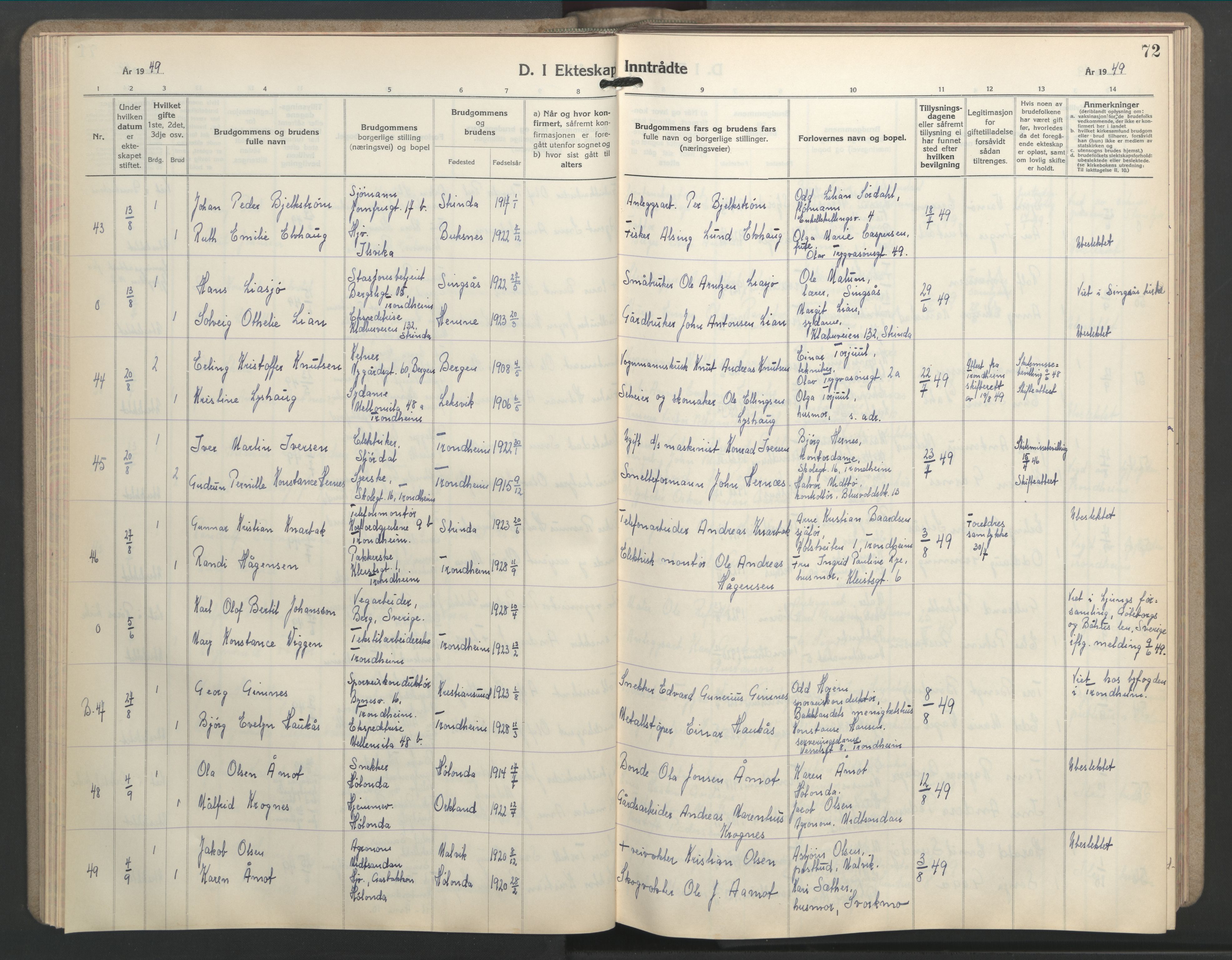 Ministerialprotokoller, klokkerbøker og fødselsregistre - Sør-Trøndelag, AV/SAT-A-1456/603/L0177: Klokkerbok nr. 603C05, 1941-1952, s. 72