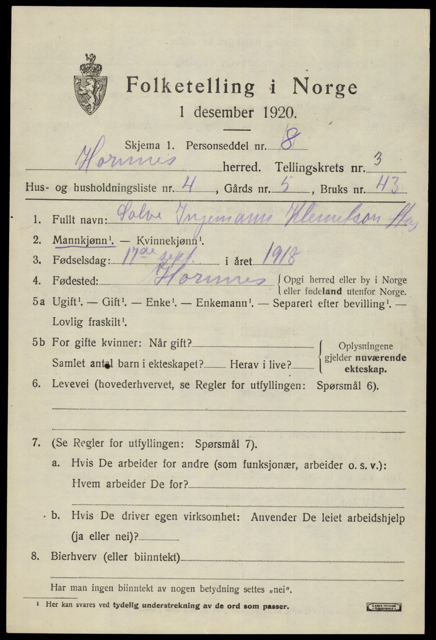 SAK, Folketelling 1920 for 0936 Hornnes herred, 1920, s. 839