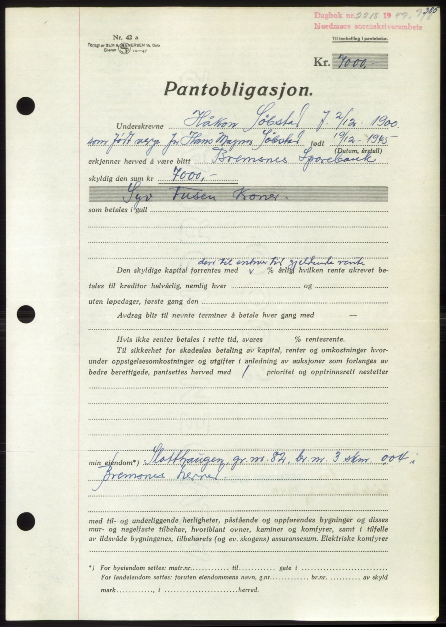 Nordmøre sorenskriveri, SAT/A-4132/1/2/2Ca: Pantebok nr. B102, 1949-1949, Dagboknr: 2218/1949