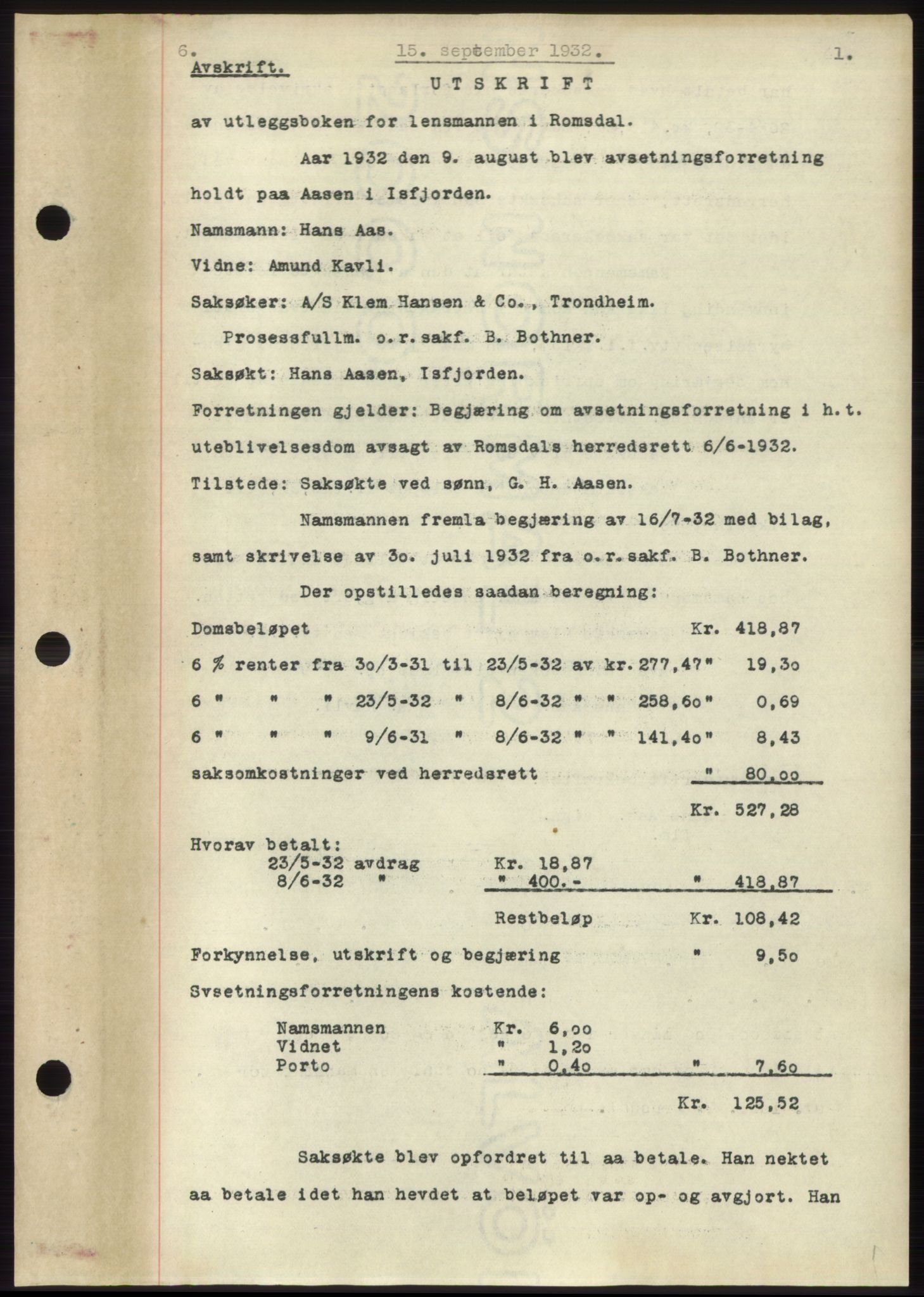 Romsdal sorenskriveri, AV/SAT-A-4149/1/2/2C/L0062: Pantebok nr. 56, 1932-1933, Tingl.dato: 15.09.1932