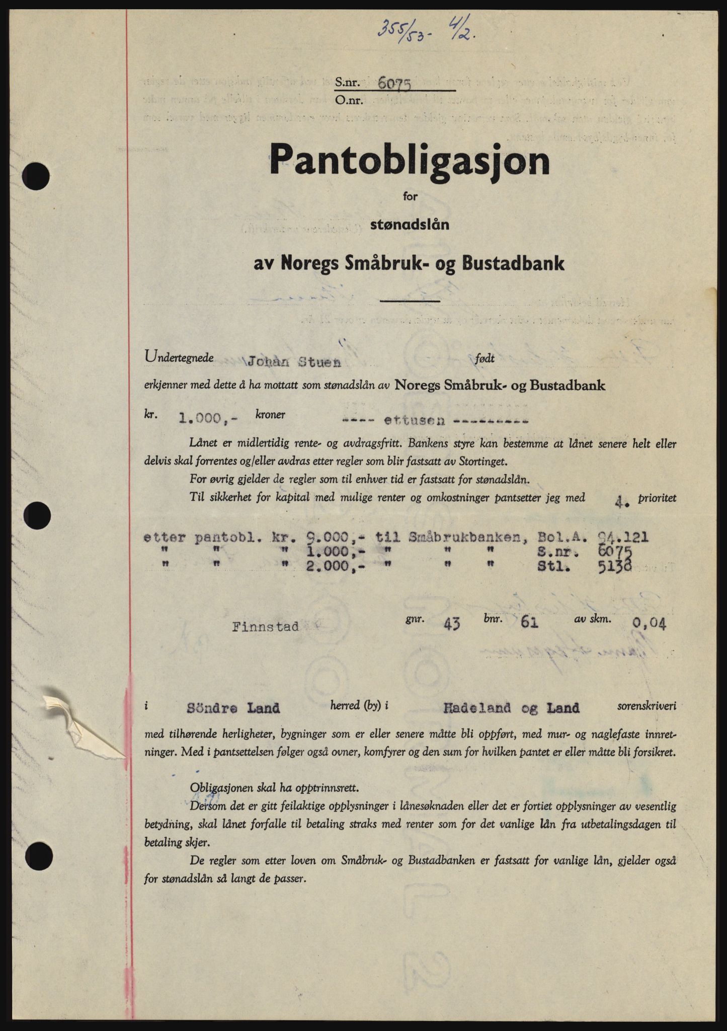 Hadeland og Land tingrett, SAH/TING-010/H/Hb/Hbc/L0026: Pantebok nr. B26, 1953-1953, Dagboknr: 355/1953