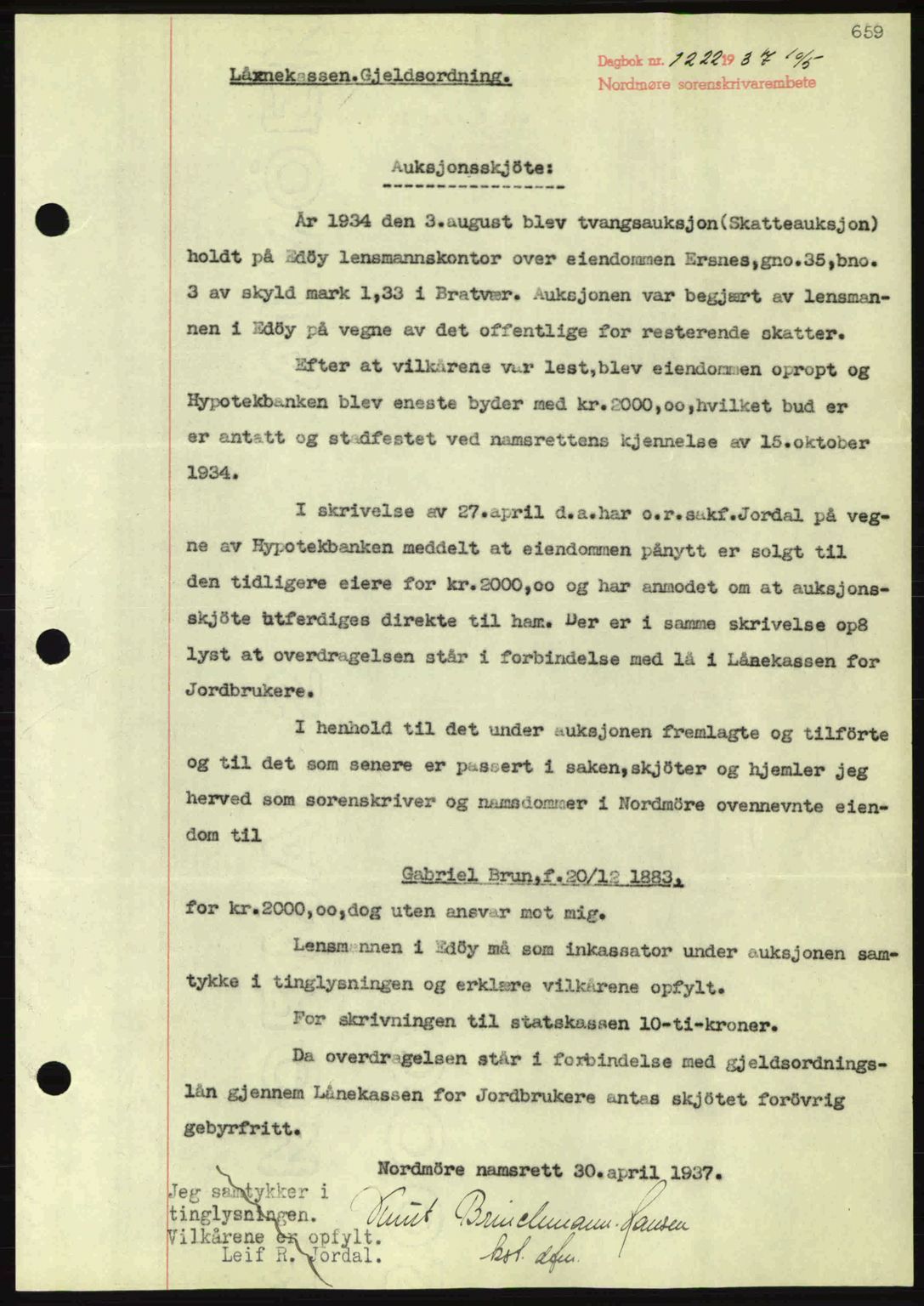 Nordmøre sorenskriveri, SAT/A-4132/1/2/2Ca: Pantebok nr. A81, 1937-1937, Dagboknr: 1222/1937