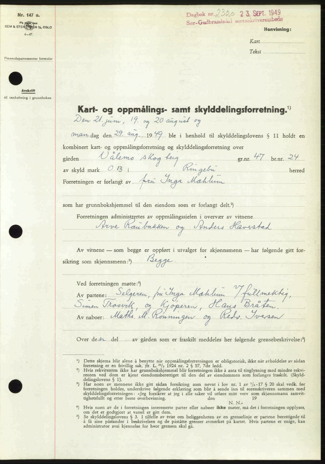 Sør-Gudbrandsdal tingrett, SAH/TING-004/H/Hb/Hbd/L0026: Pantebok nr. A26, 1949-1949, Dagboknr: 2320/1949