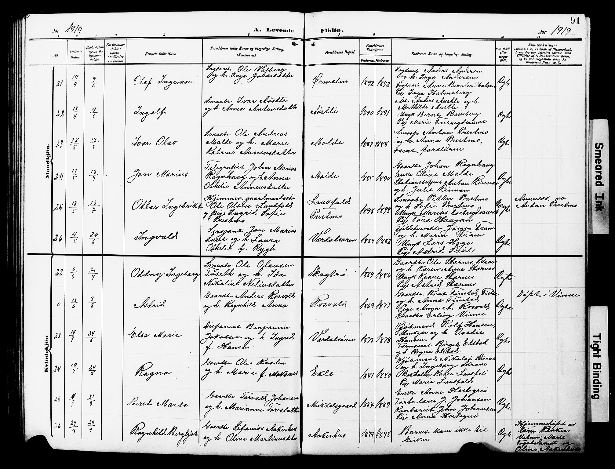 Ministerialprotokoller, klokkerbøker og fødselsregistre - Nord-Trøndelag, AV/SAT-A-1458/723/L0258: Klokkerbok nr. 723C06, 1908-1927, s. 91
