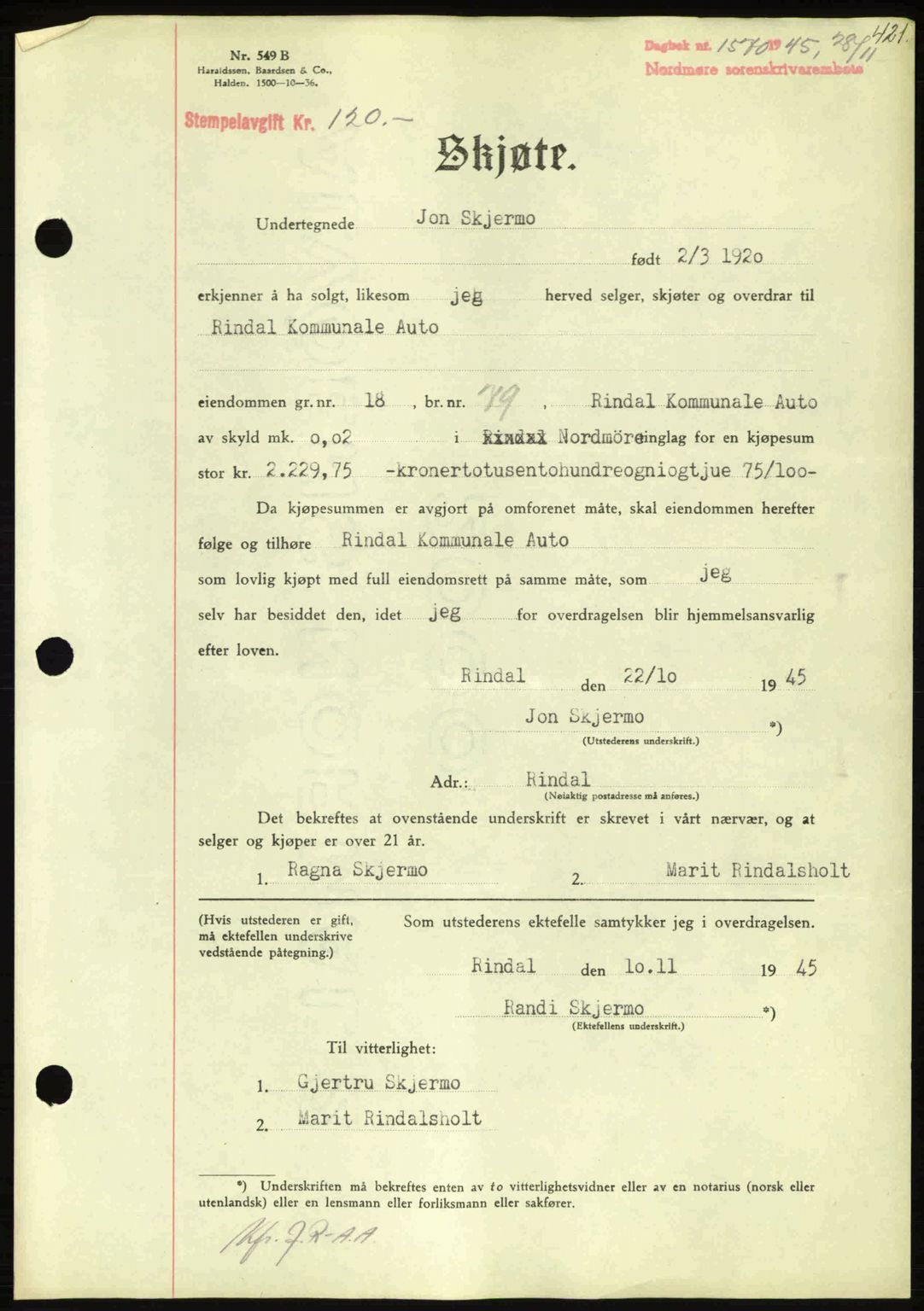 Nordmøre sorenskriveri, AV/SAT-A-4132/1/2/2Ca: Pantebok nr. A100a, 1945-1945, Dagboknr: 1570/1945