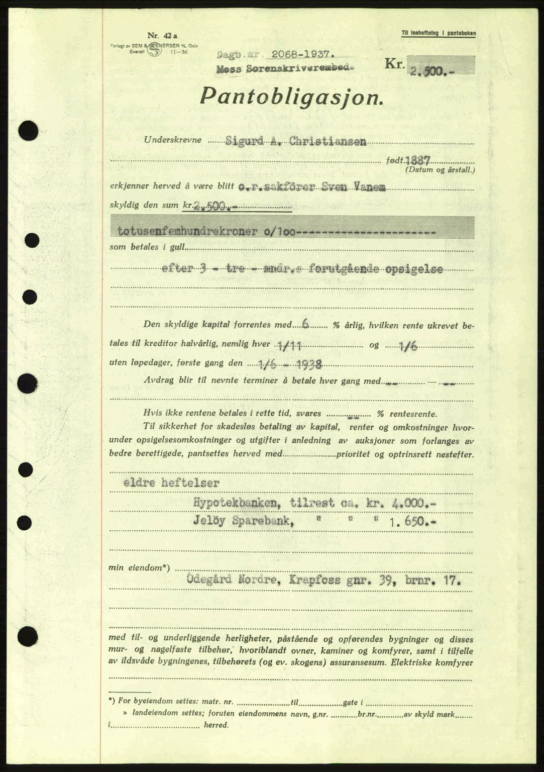 Moss sorenskriveri, SAO/A-10168: Pantebok nr. B4, 1937-1938, Dagboknr: 2068/1937